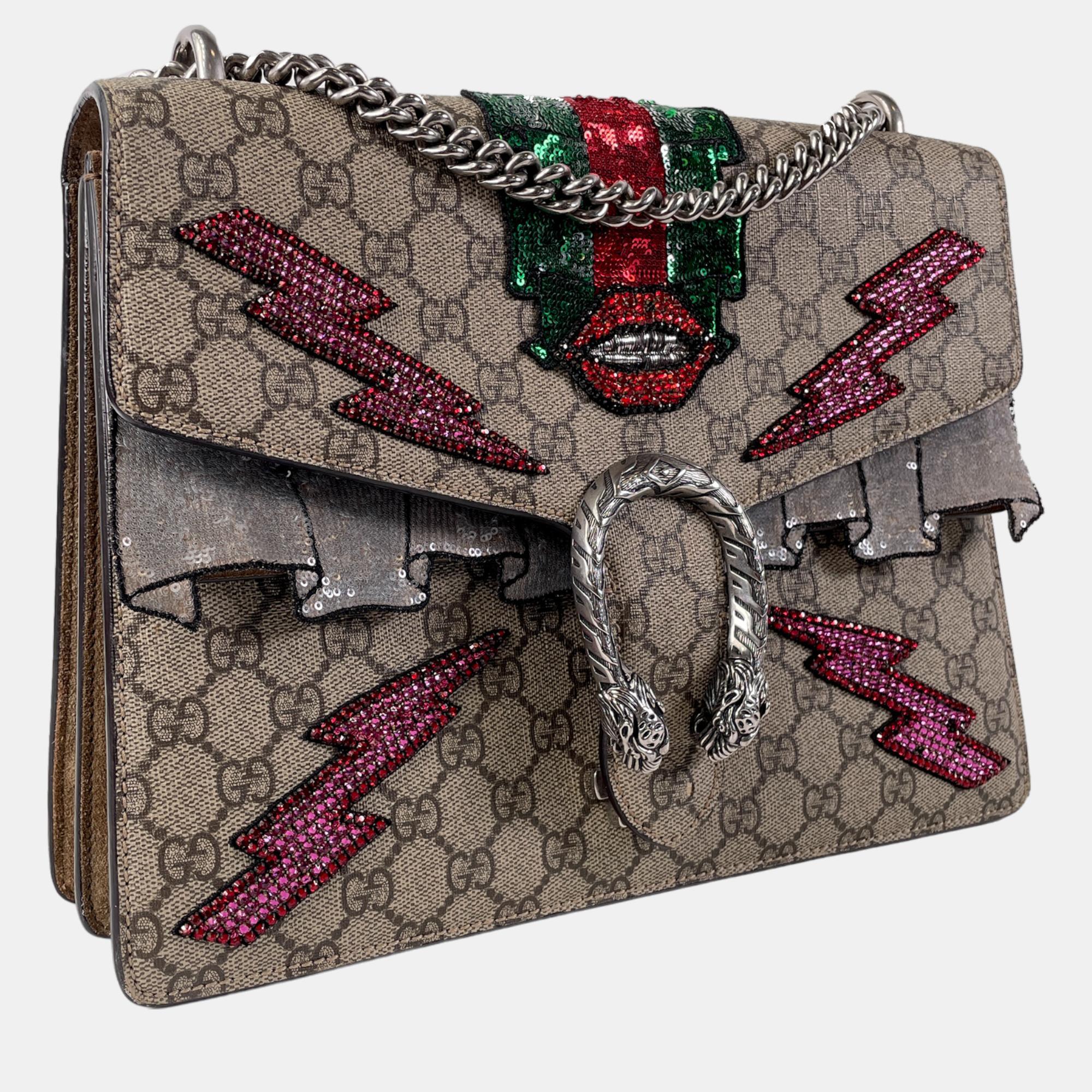 

Gucci Beige/Brown Medium Embellished GG Supreme Dionysus Shoulder Bag