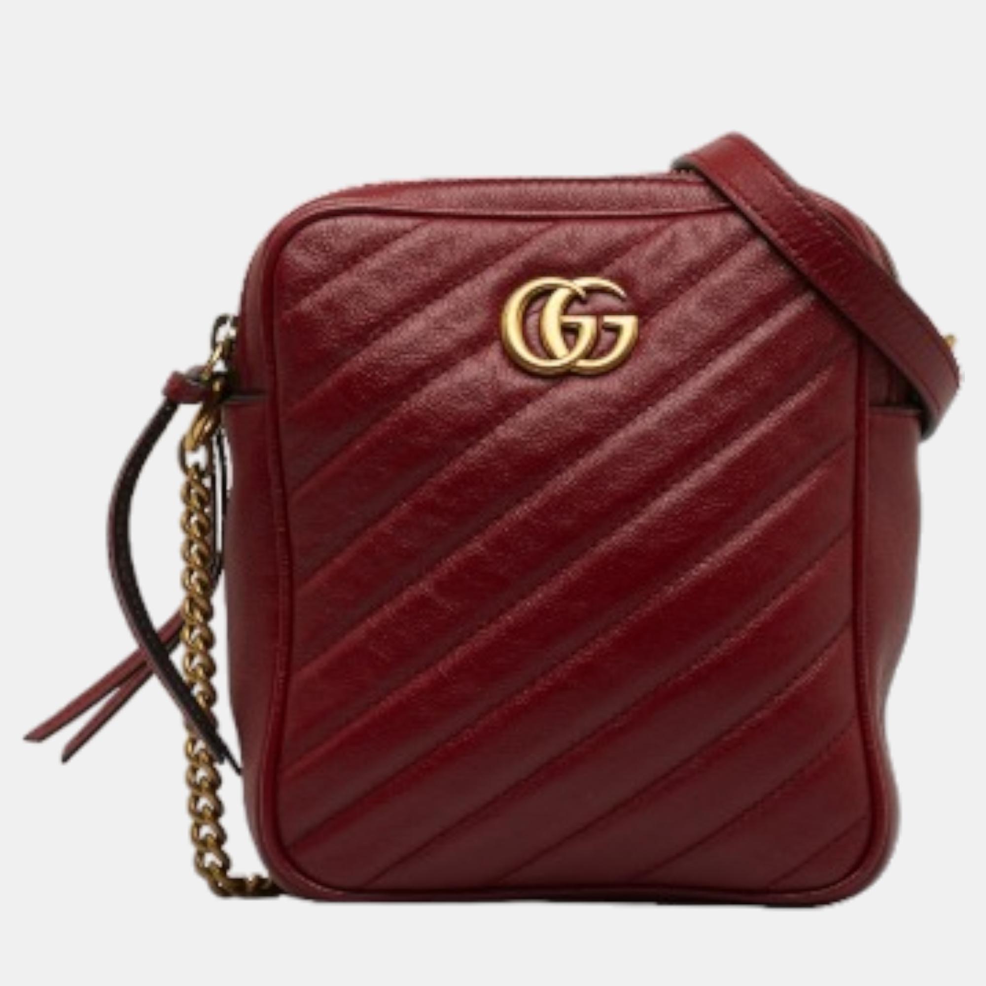 Pre-owned Gucci Red Gg Marmont Leather Double Zip Camera Bag