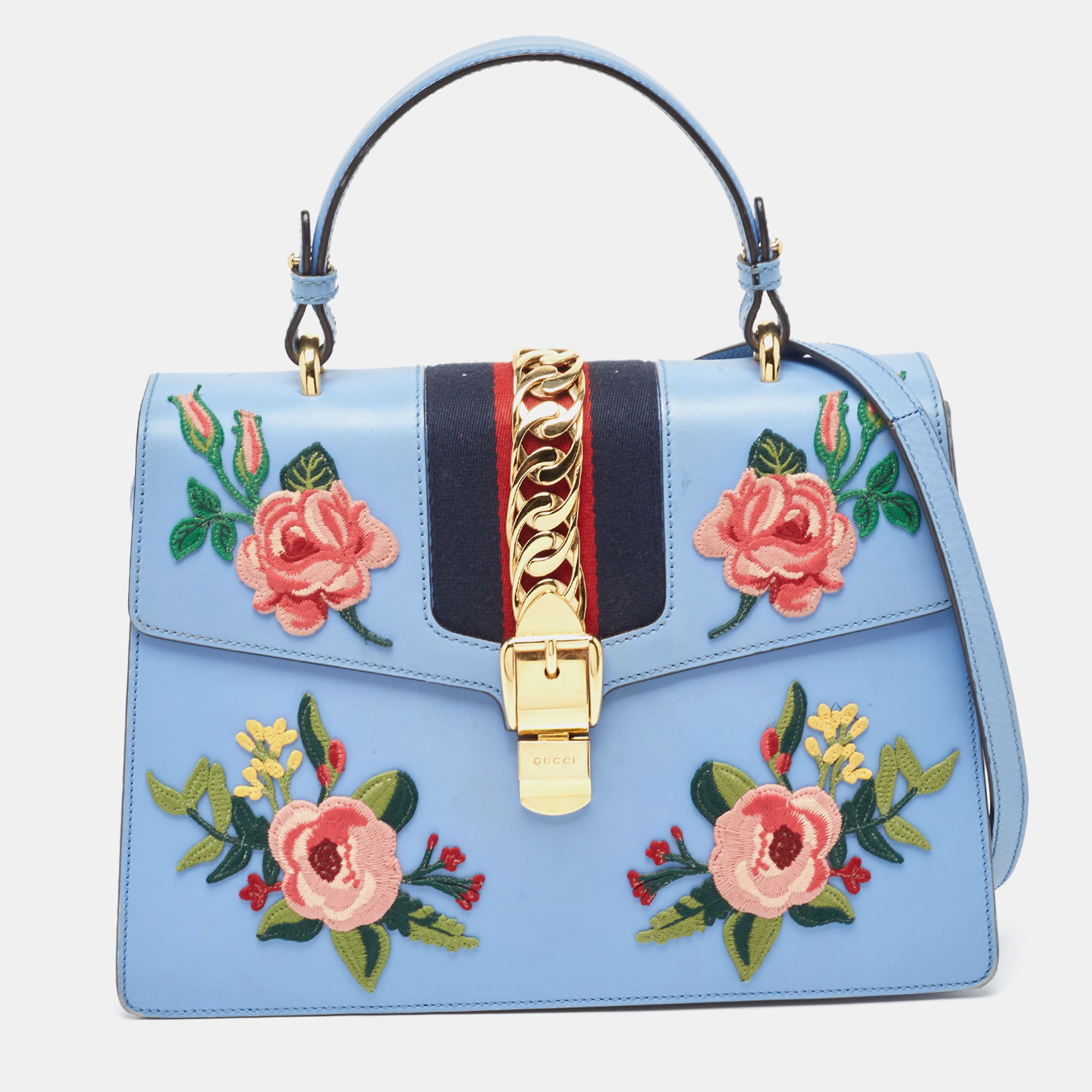 Pre-owned Gucci Blue Floral Embroidered Leather Medium Sylvie Top Handle Bag