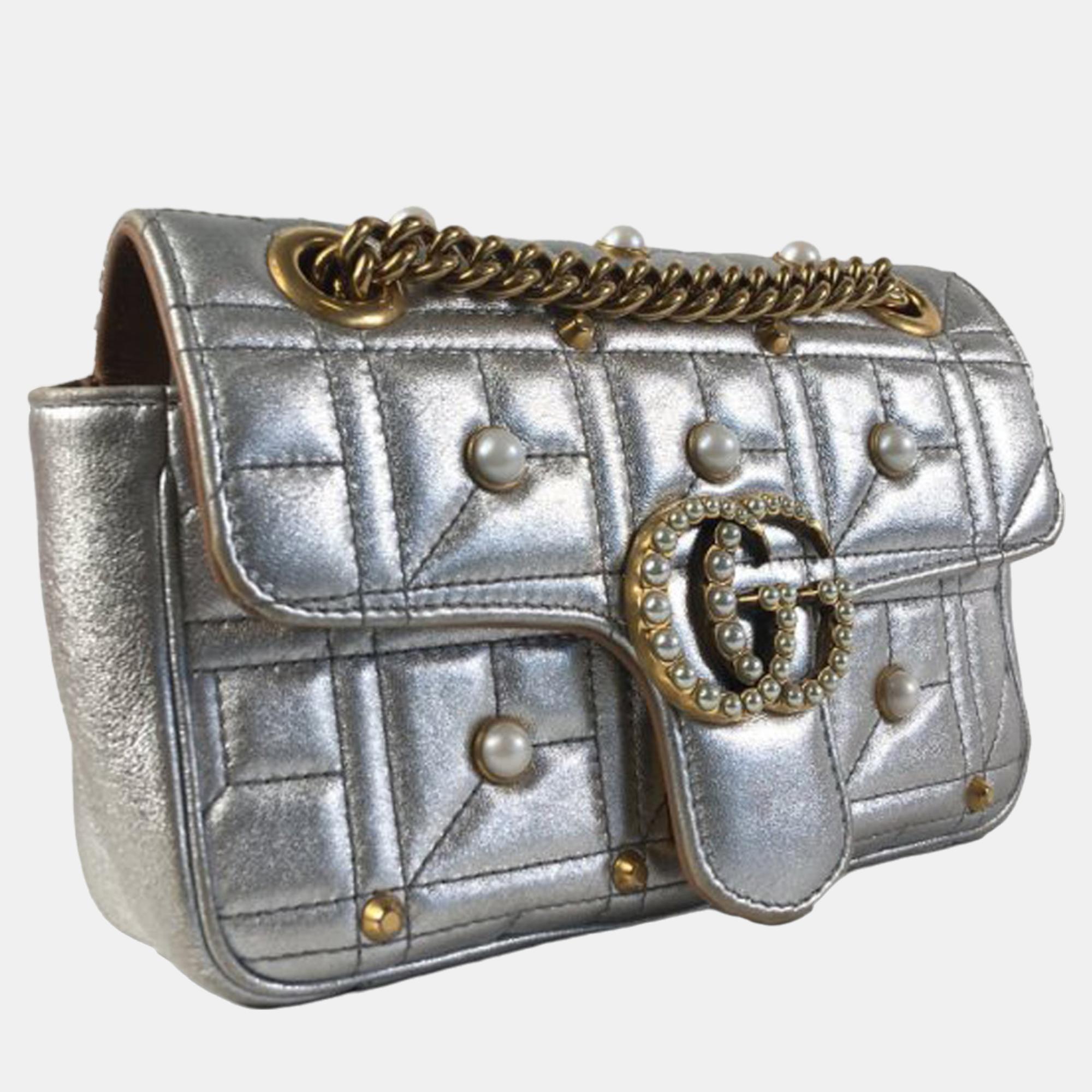 

Gucci Silver Mini GG Marmont Matelasse Pearl Crossbody Bag