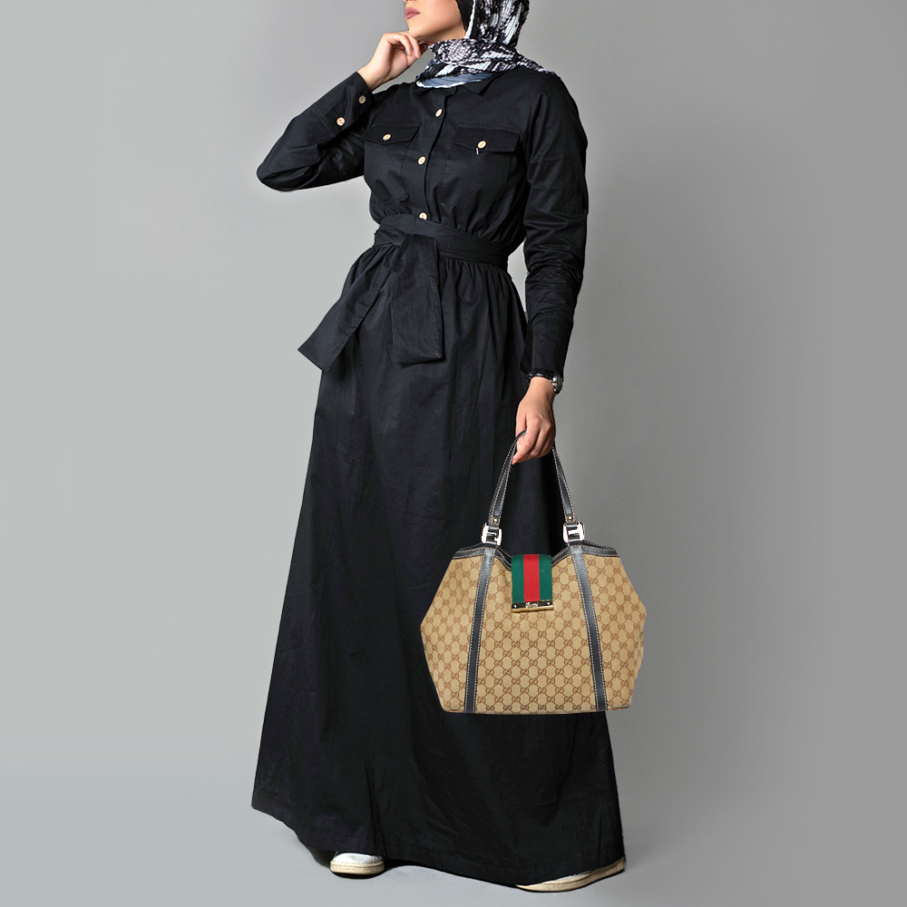 

Gucci Beige/Black GG Canvas and Leather Medium New Ladies Web Tote
