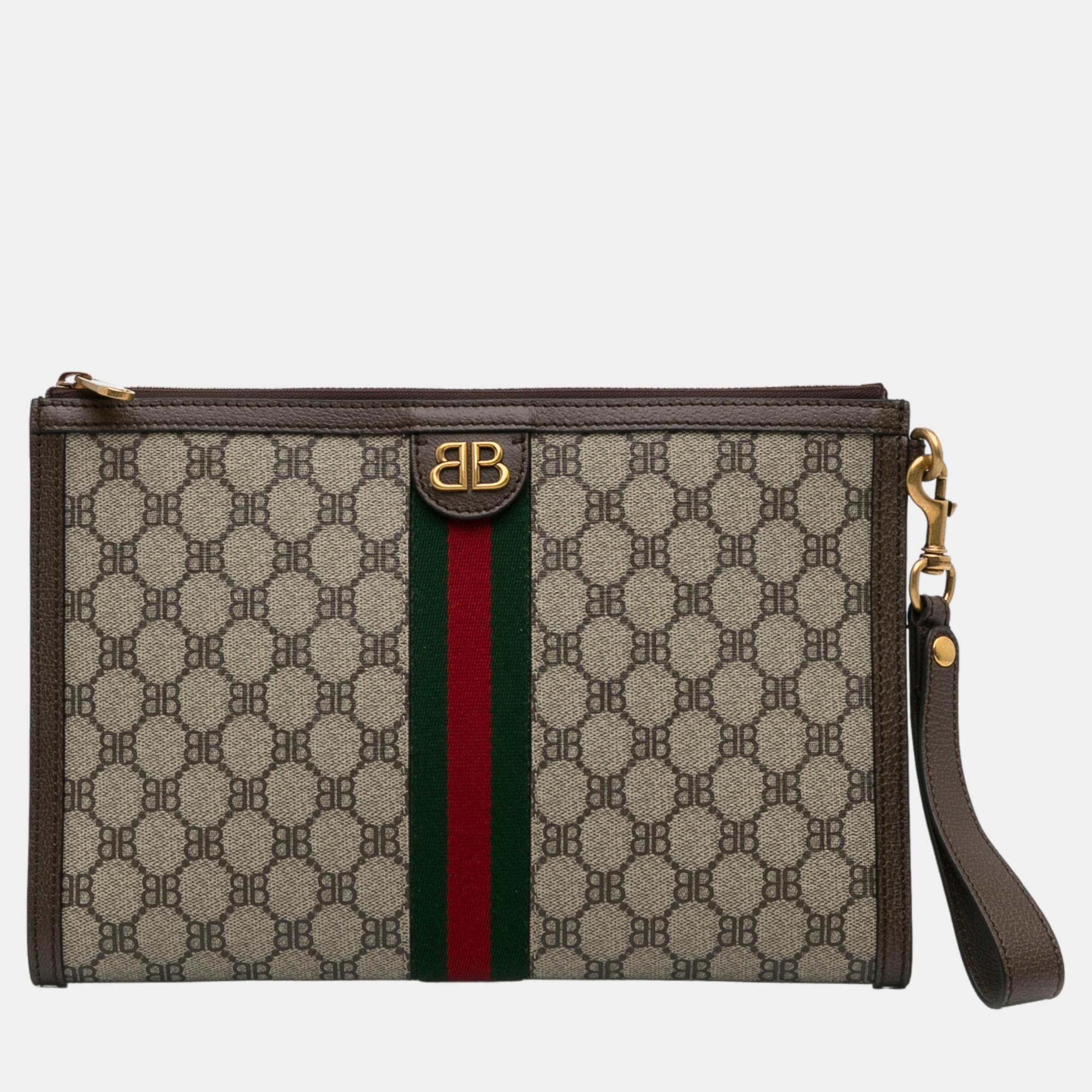 

Gucci X Balenciaga Beige/Brown BB Supreme Ophidia Web Clutch