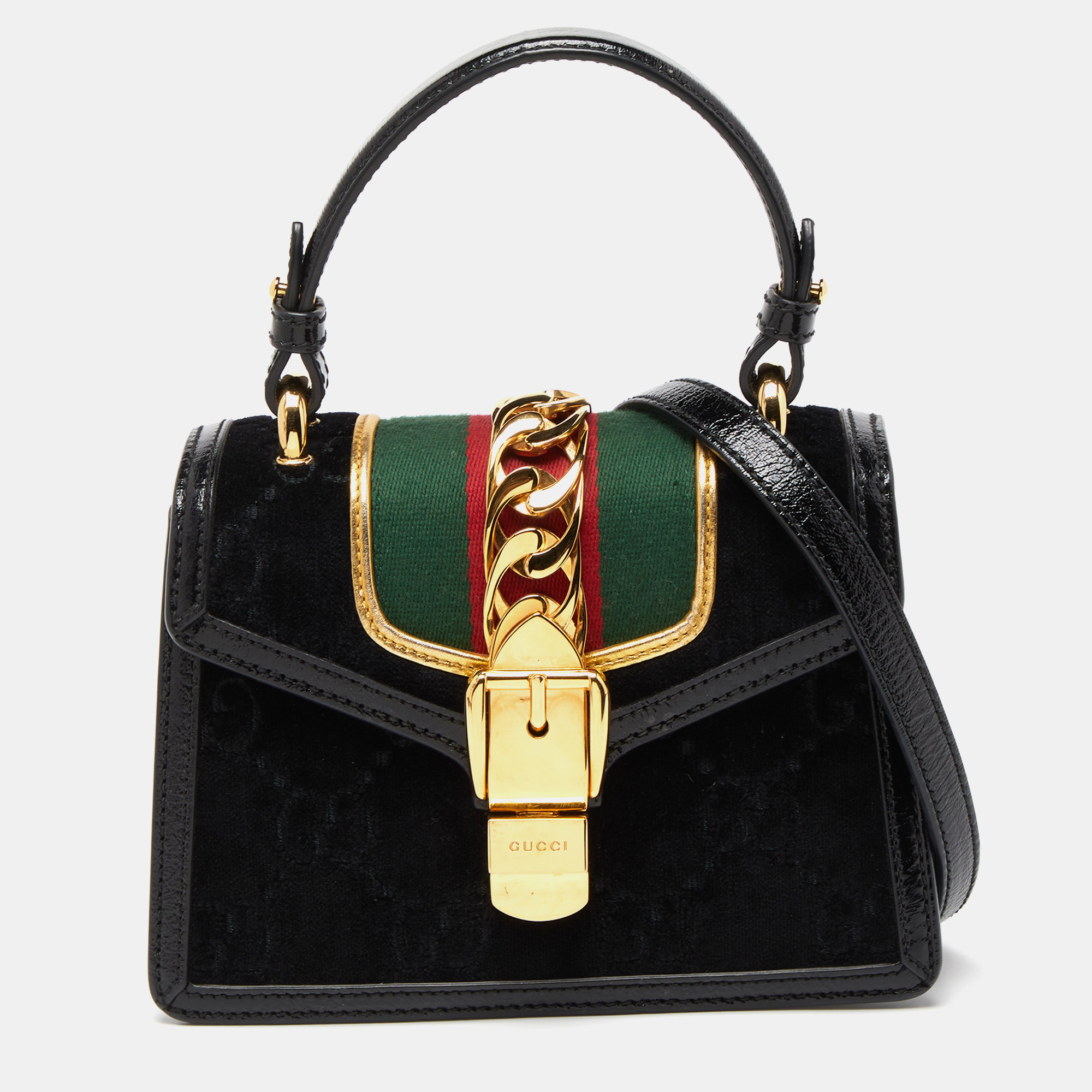 Pre-owned Gucci Black Gg Velvet And Patent Leather Sylvie Top Handle Bag