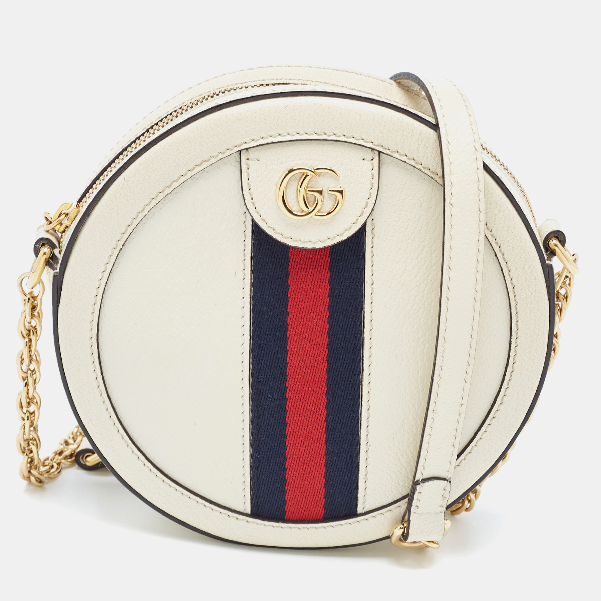 Pre-owned Gucci Off White Leather Mini Ophidia Round Shoulder Bag