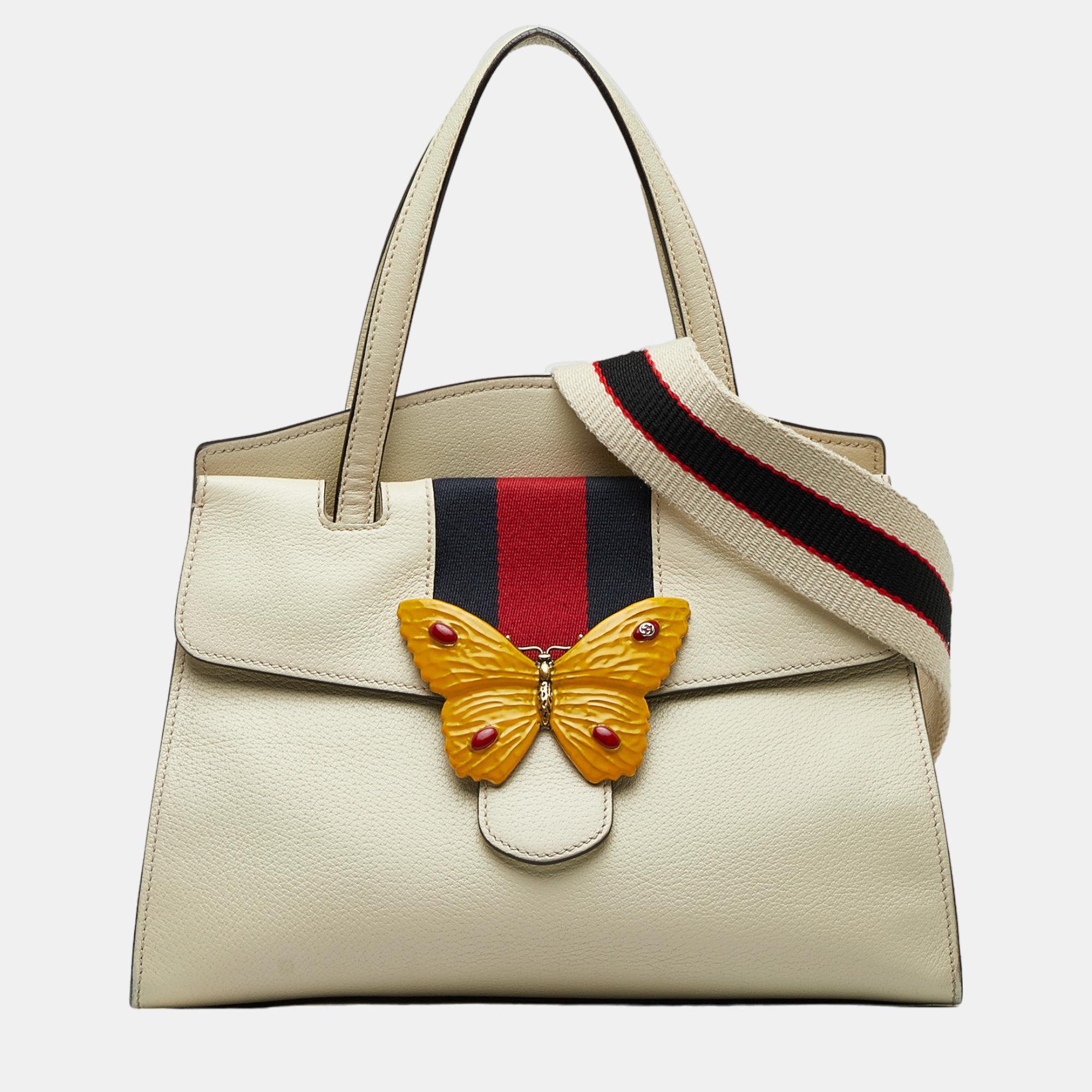 

Gucci White Medium Web Linea Butterfly Totem Satchel