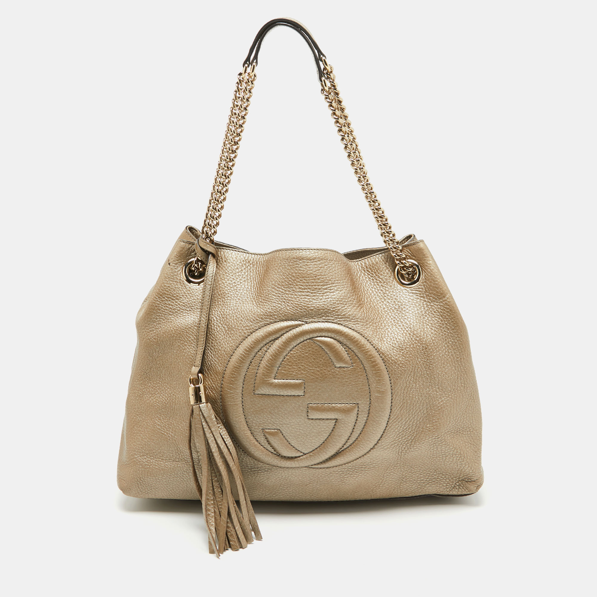 Pre-owned Gucci Gold Leather Medium Soho Chain Tote In Metallic