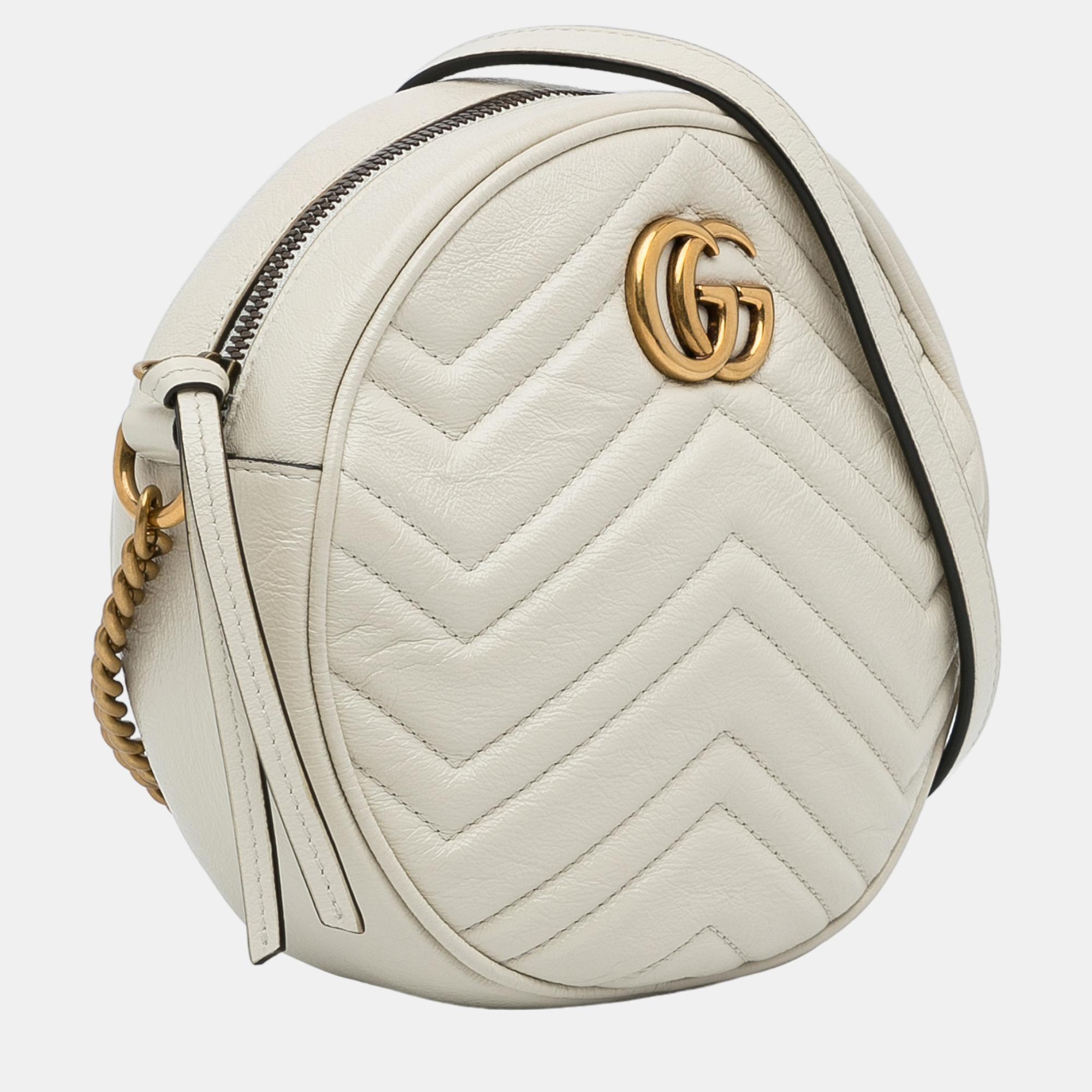 

Gucci White Mini GG Marmont Round Leather Crossbody Bag