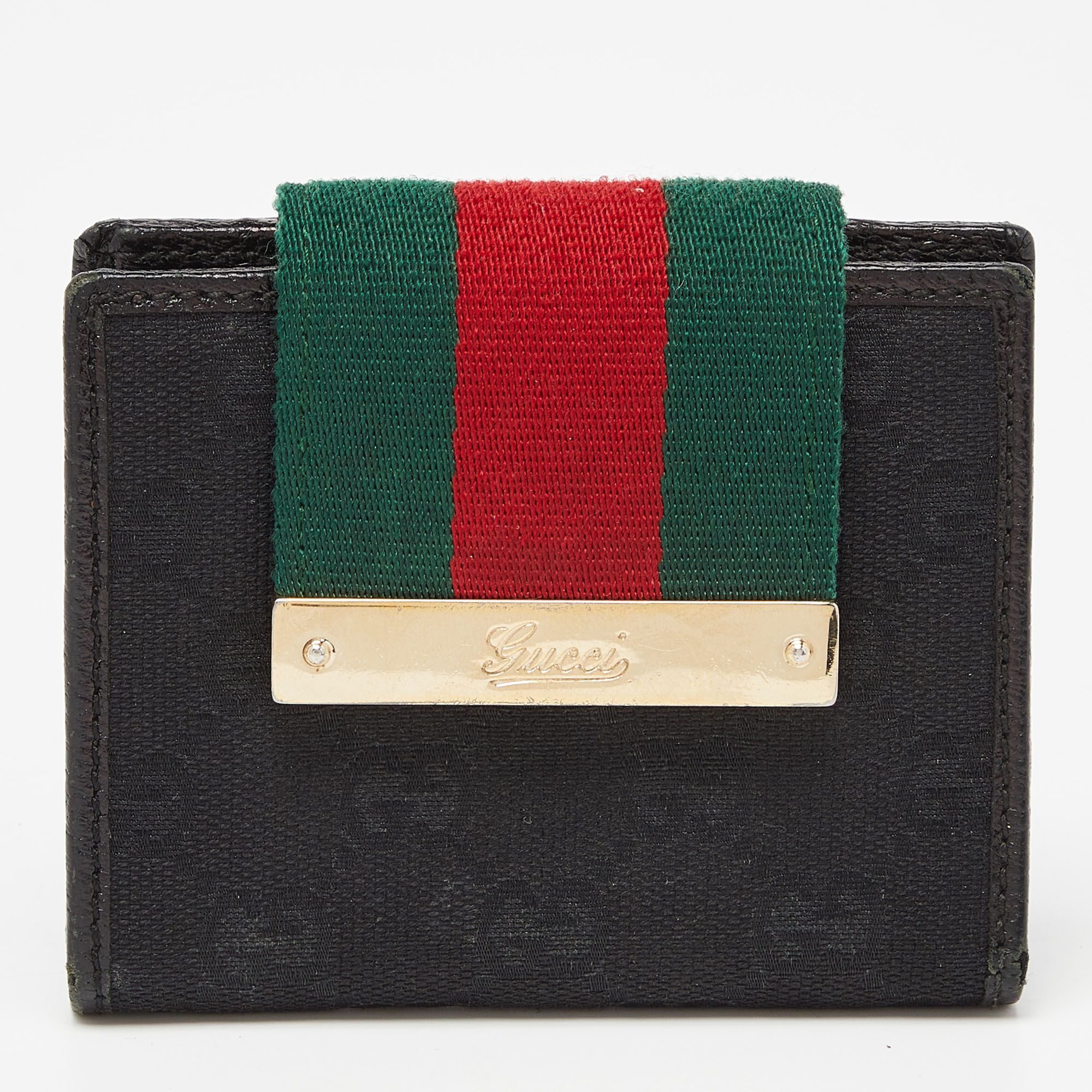 

Gucci Black GG Canvas and Leather Web Compact Wallet