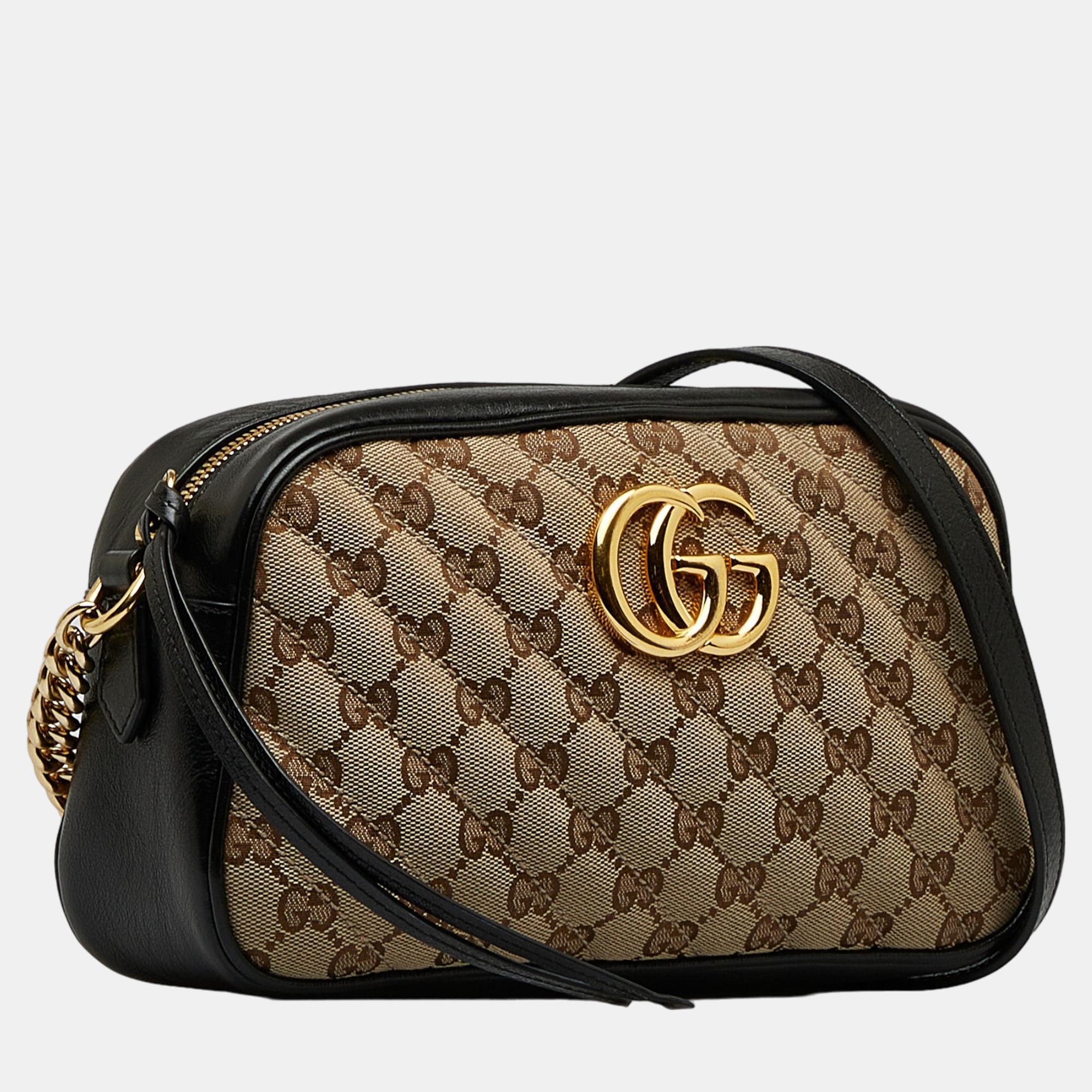 

Gucci Beige/Brown Small GG Canvas Marmont Matelasse Camera Bag