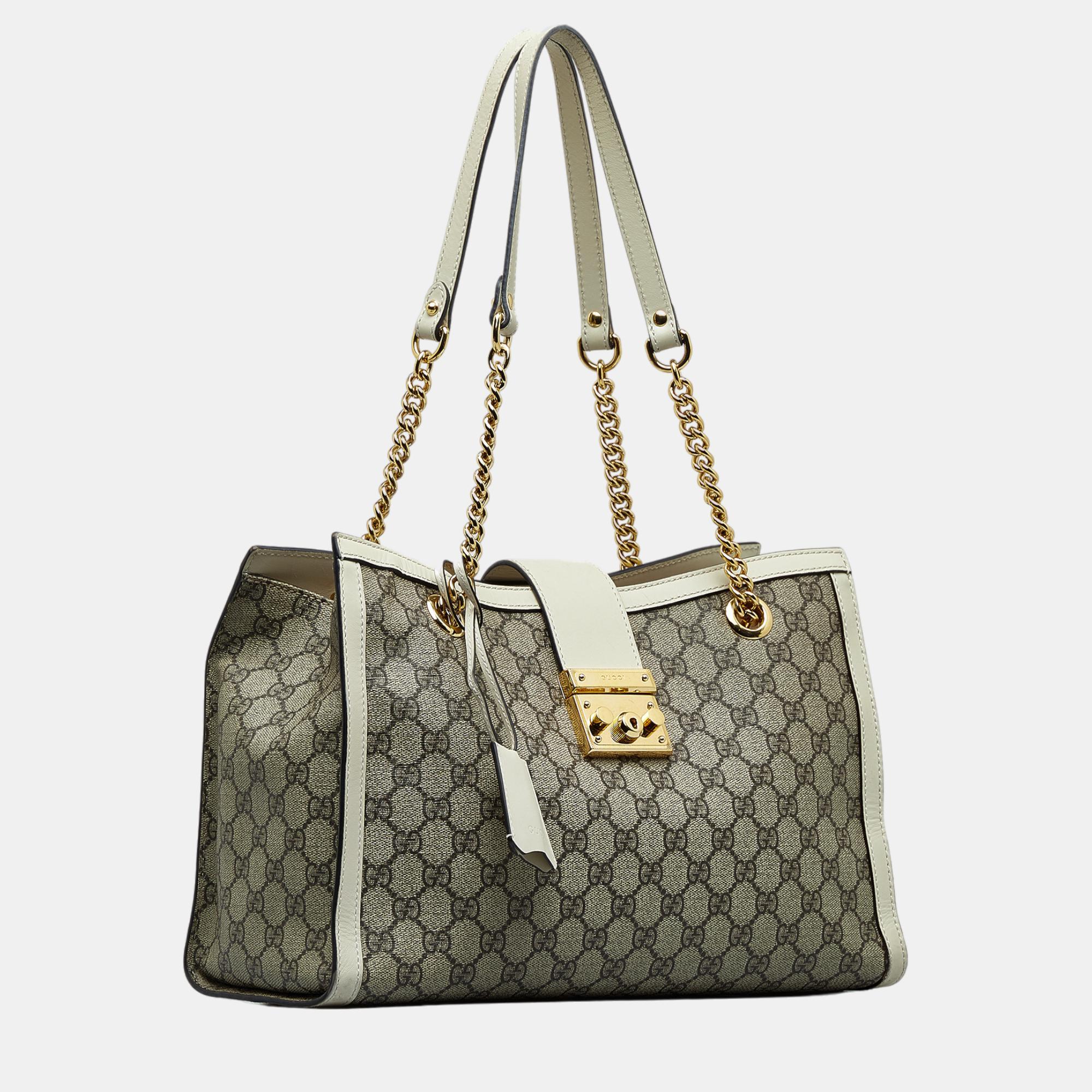

Gucci Beige/Brown/White Medium GG Supreme Padlock Tote Bag