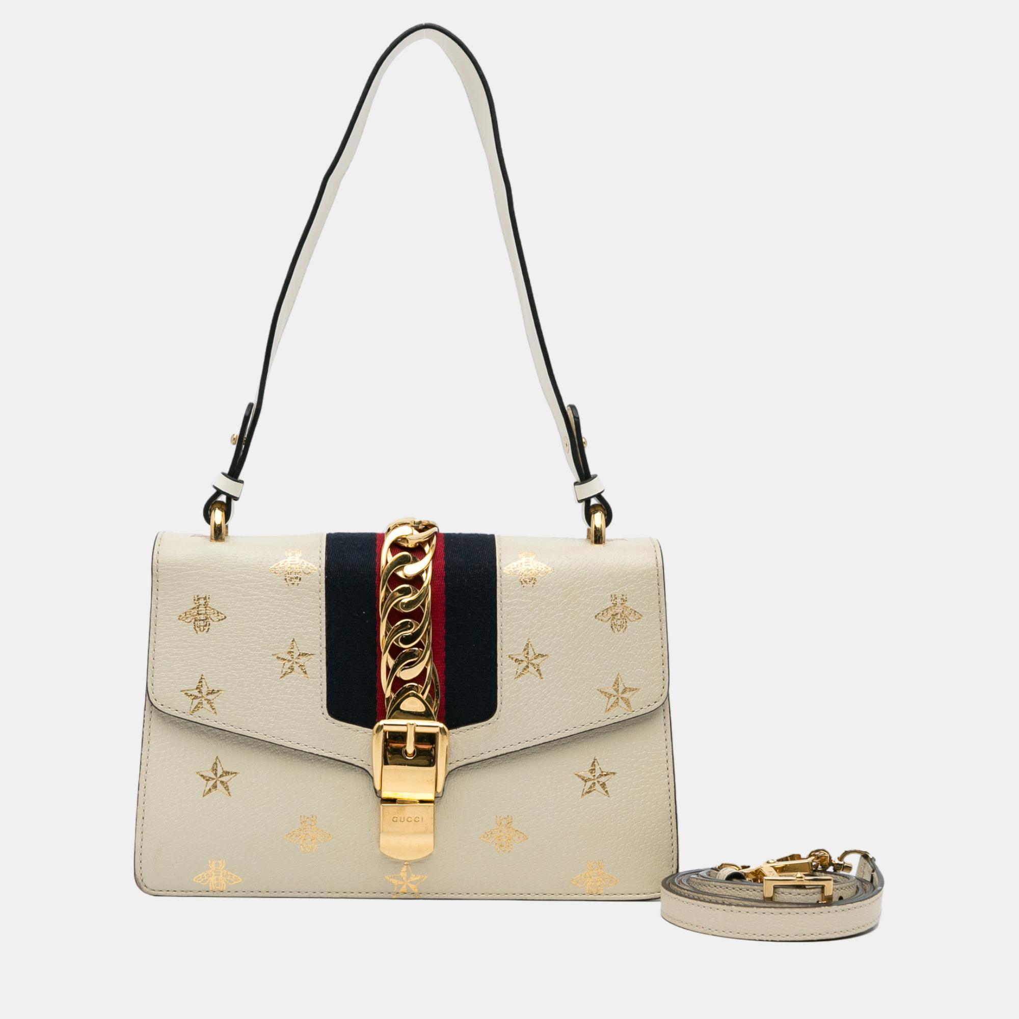 Pre-owned Gucci White Small Bee Star Sylvie Satchel