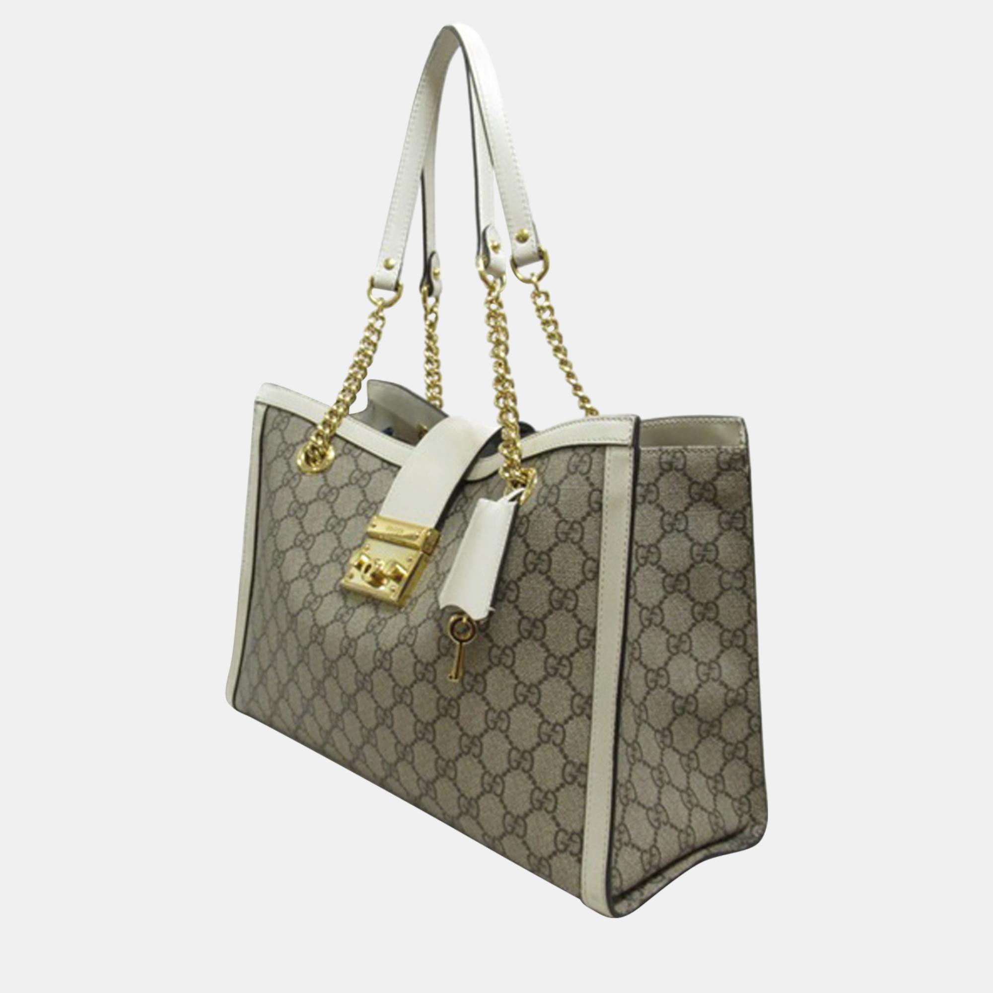 

Gucci Beige/Brown Medium GG Supreme Padlock Tote Bag