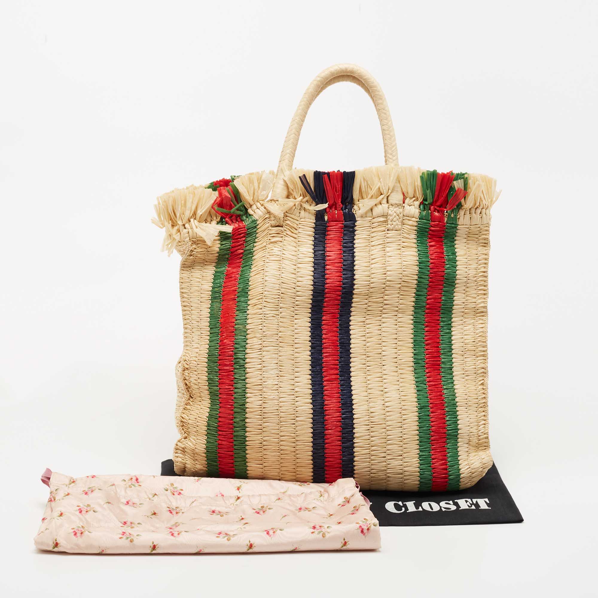 Gucci Natural/Multicolor Woven Straw Cestino Tote 