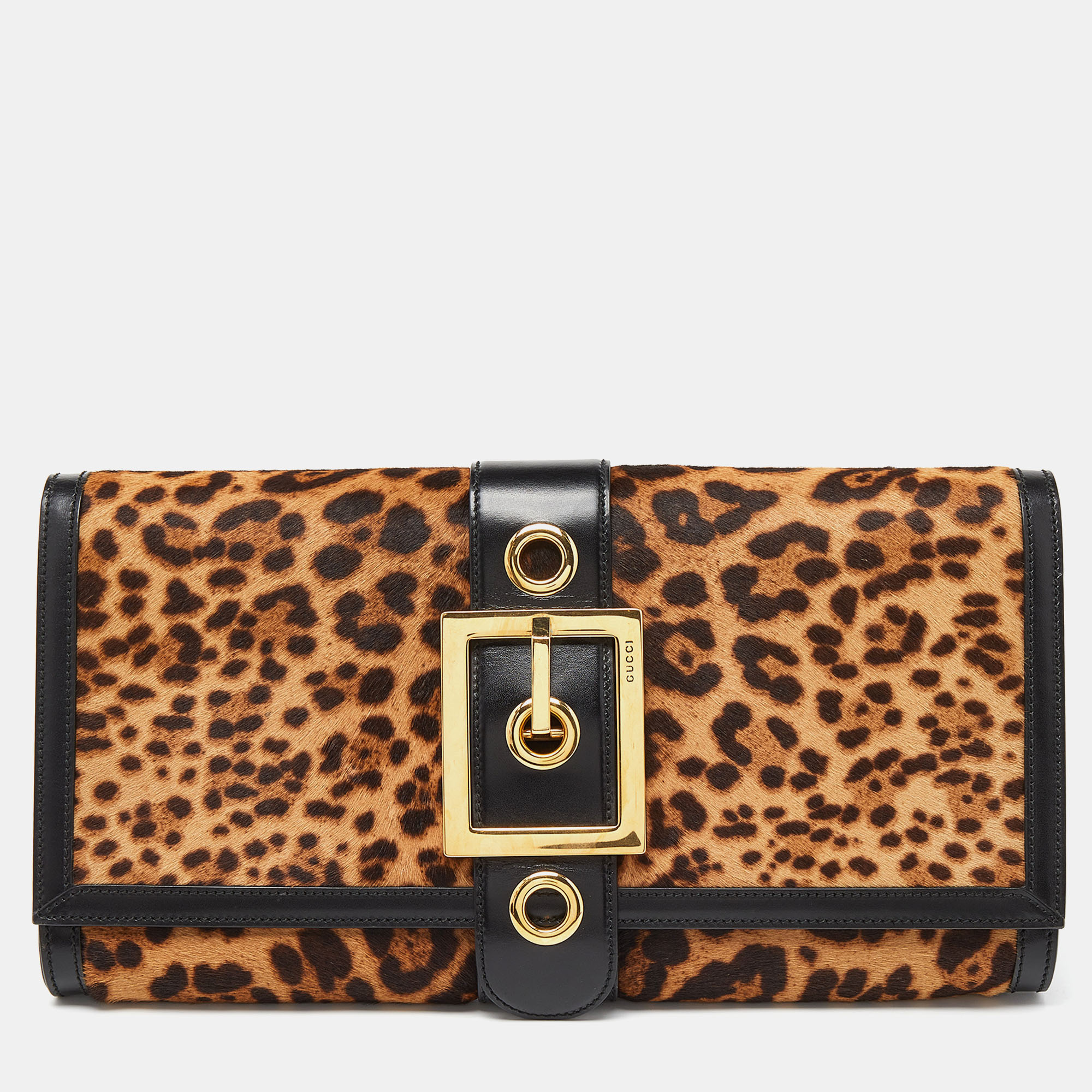 

Gucci Brown/Black Leopard Print Calfhair and Leather Lady Buckle Clutch