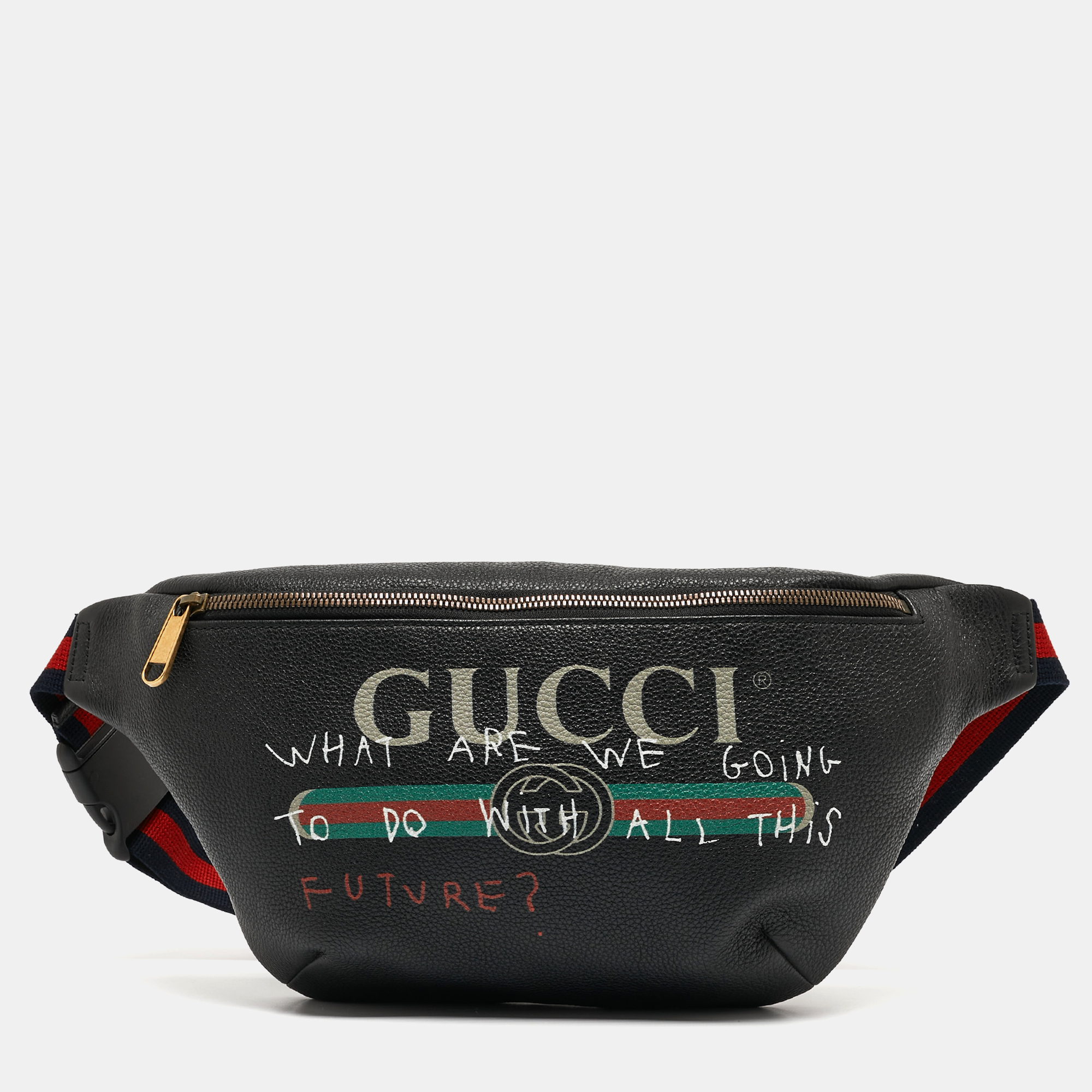 

Gucci Black Pebbled Leather Logo Web Belt Bag