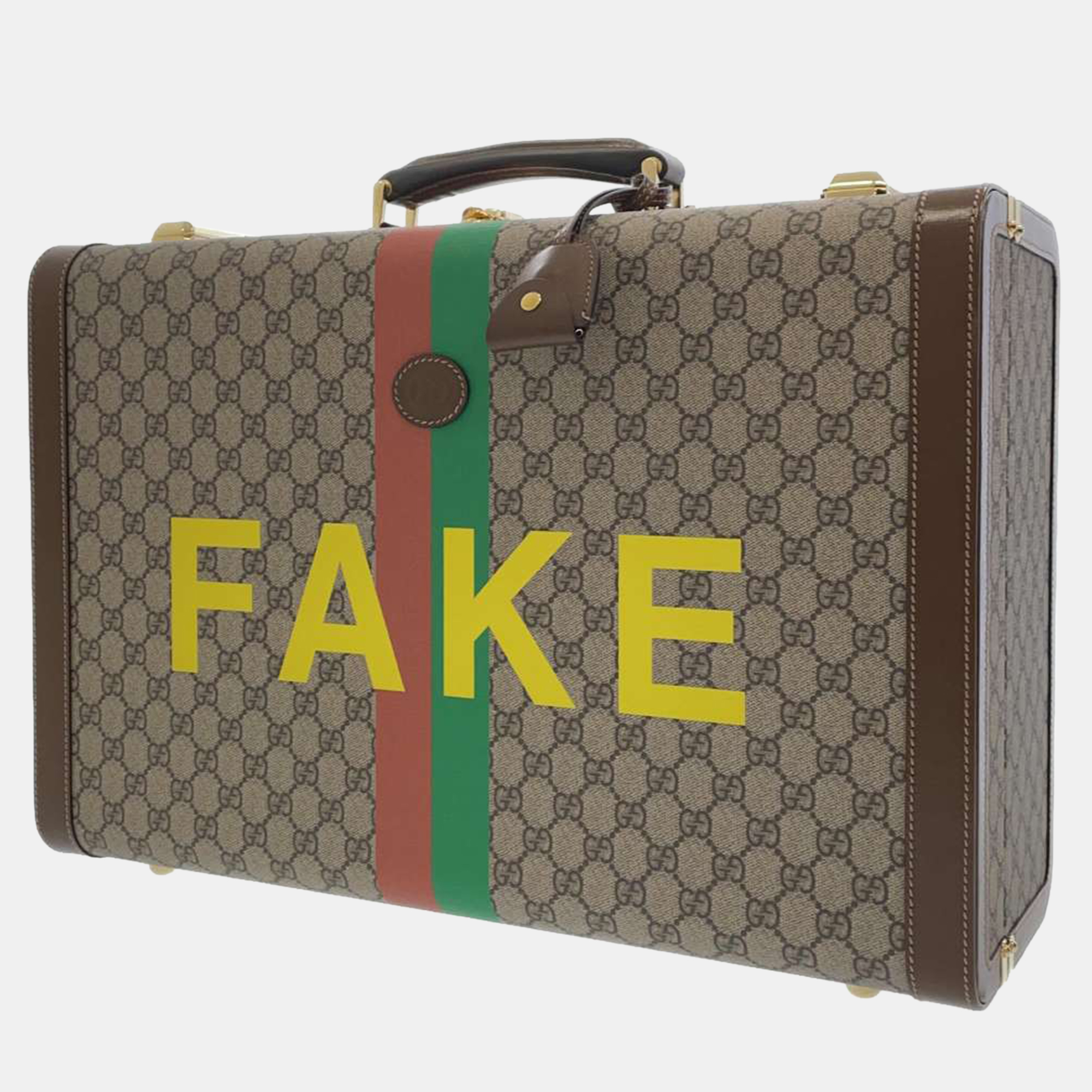 Pre-owned Gucci Gg Canvas And Leather 'fake/not' Gg Supreme Suitcase In Beige