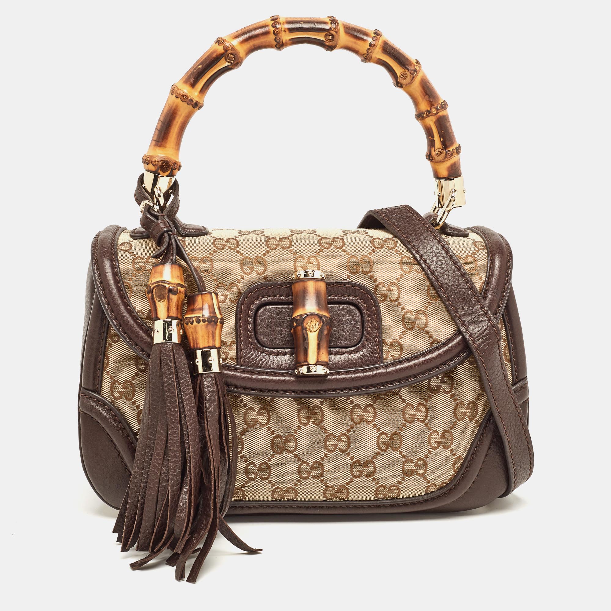 

Gucci Beige/Brown GG Canvas and Leather Tassel New Bamboo Top Handle Bag