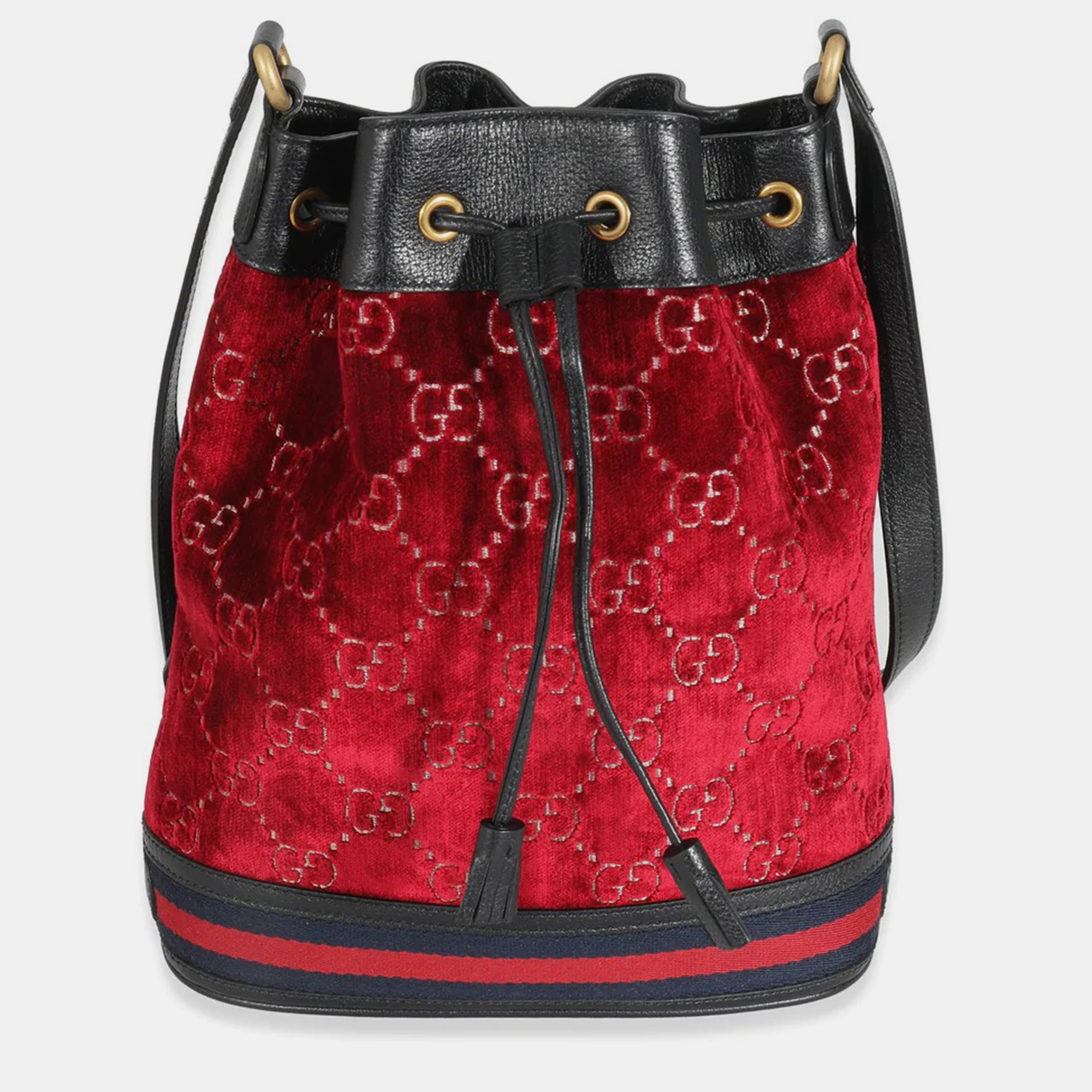 Pre-owned Gucci Red Velvet Gg Monogram Bucket Bag In Black