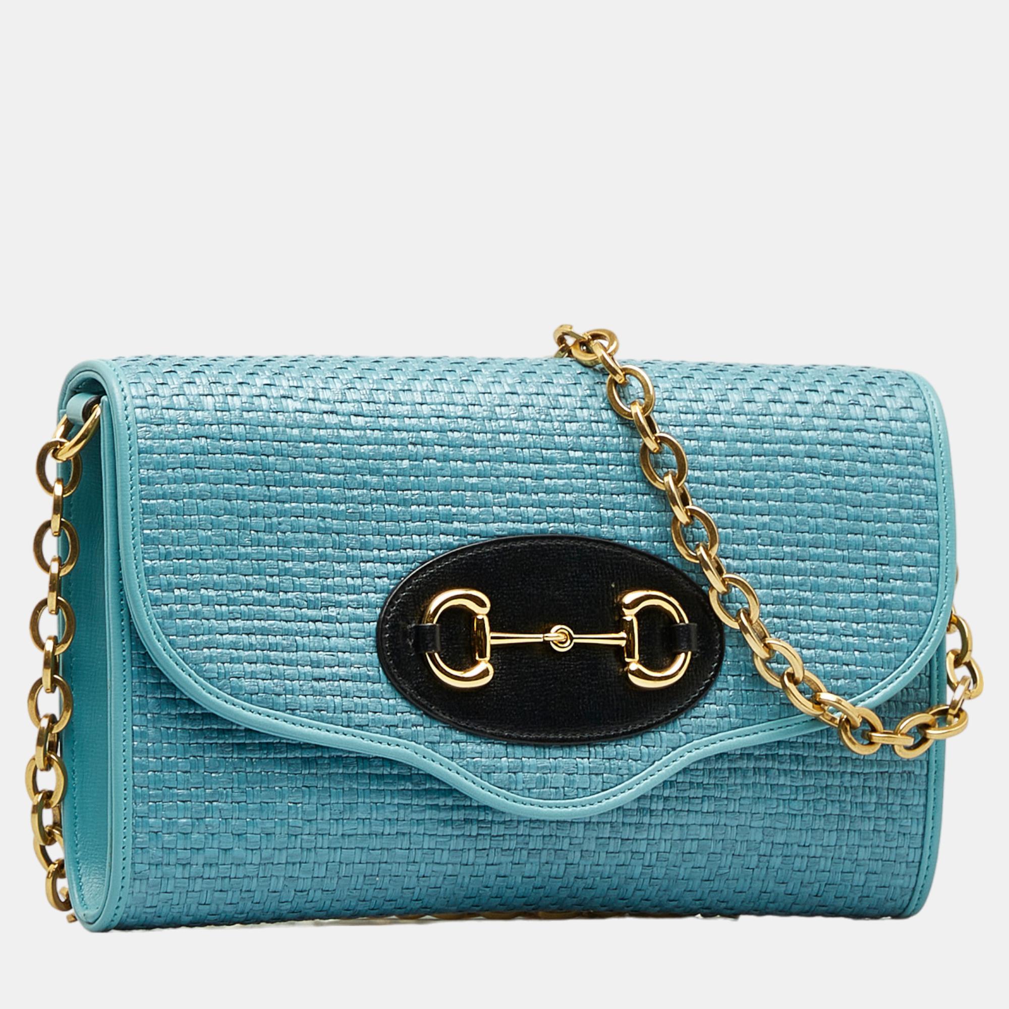 

Gucci Blue Horsebit 1955 Raffia Chain Bag