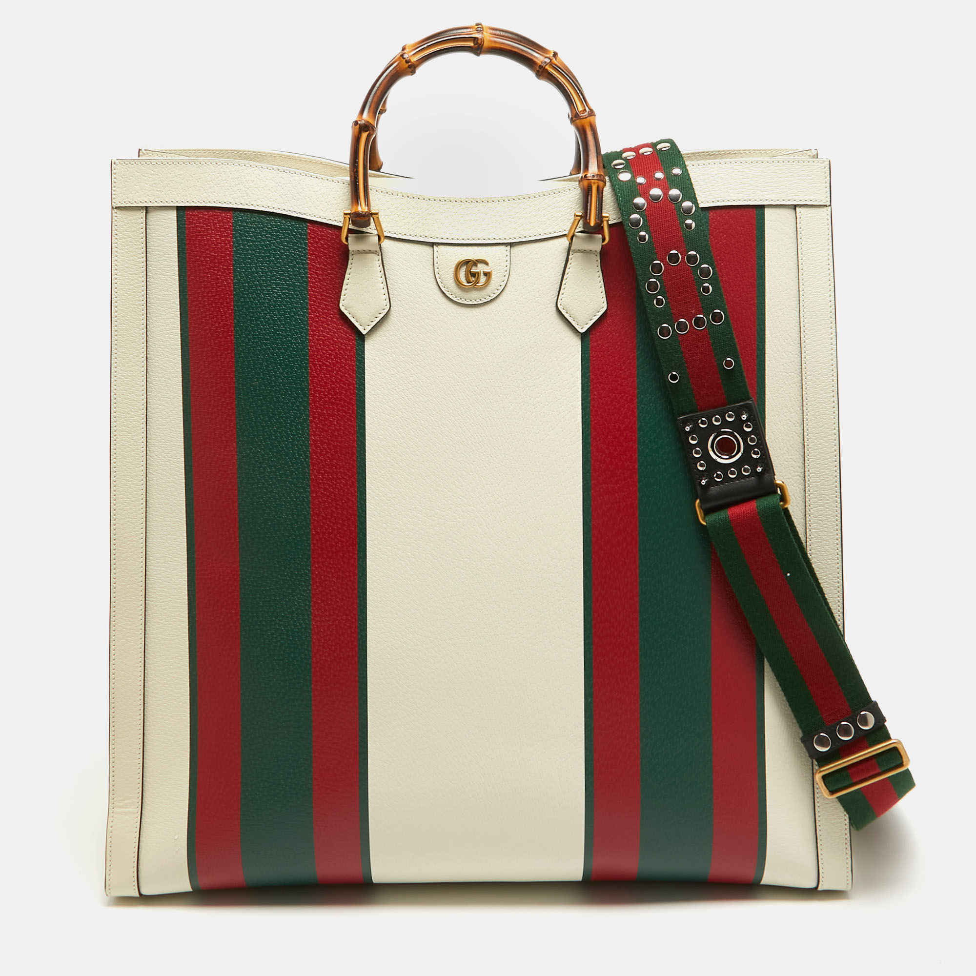Pre-owned Gucci Off White Leather Web Print Maxi Diana Tote