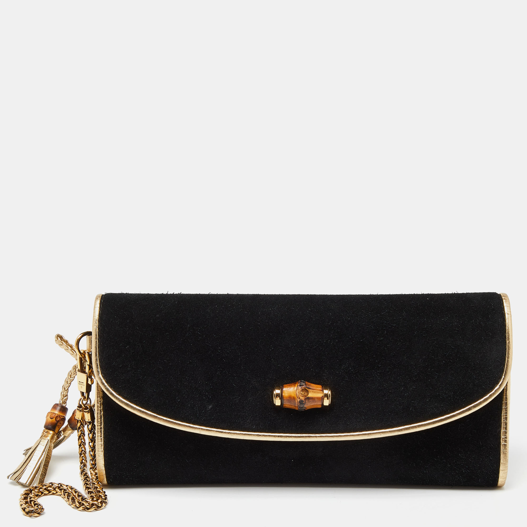 Pre-owned Gucci Black/gold Suede Bamboo Wristlet Clutch