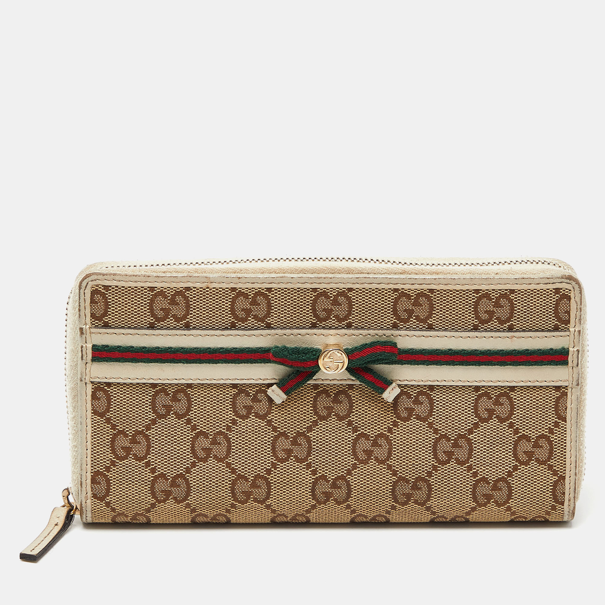 Pre-owned Gucci Beige/cream Gg Canvas And Leather Princy Zip Around Wallet