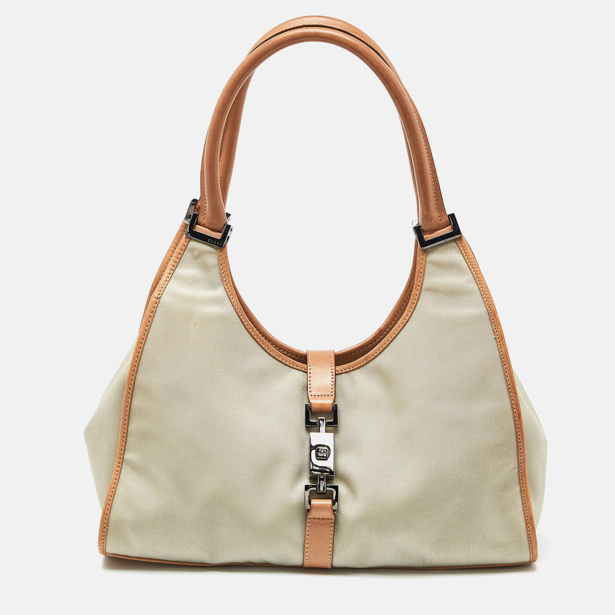 Pre-owned Gucci Beige/tan Canvas And Leather Jackie Tote