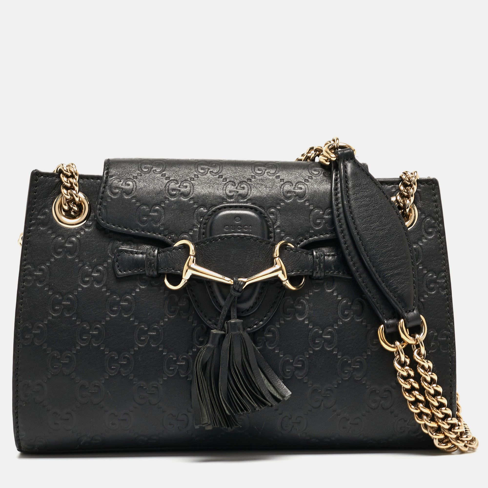 Pre-owned Gucci Ssima Leather Small Emily Chain Shoulder Bag In Black