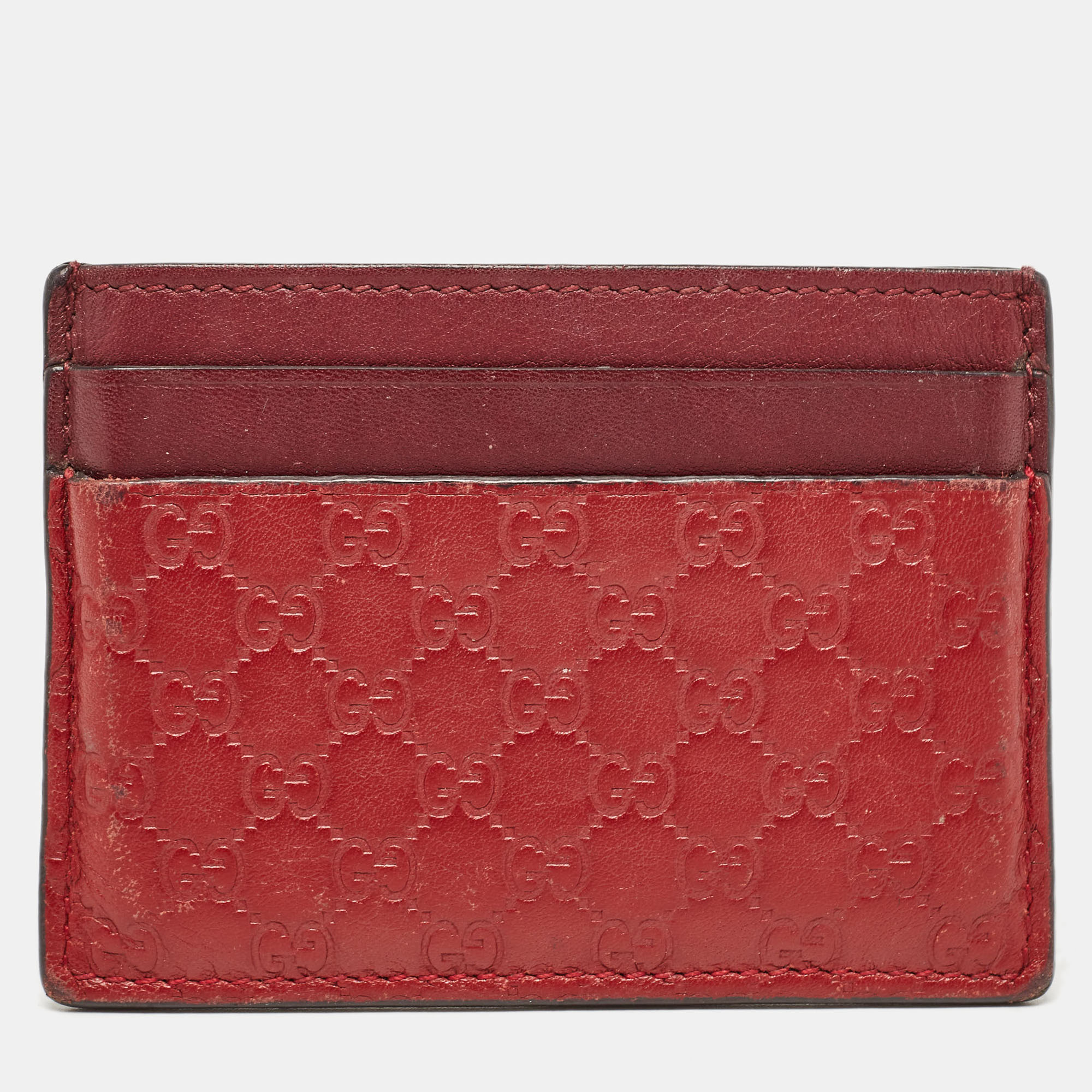 Pre-owned Gucci Red/burgundy Microssima Leather Card Holder
