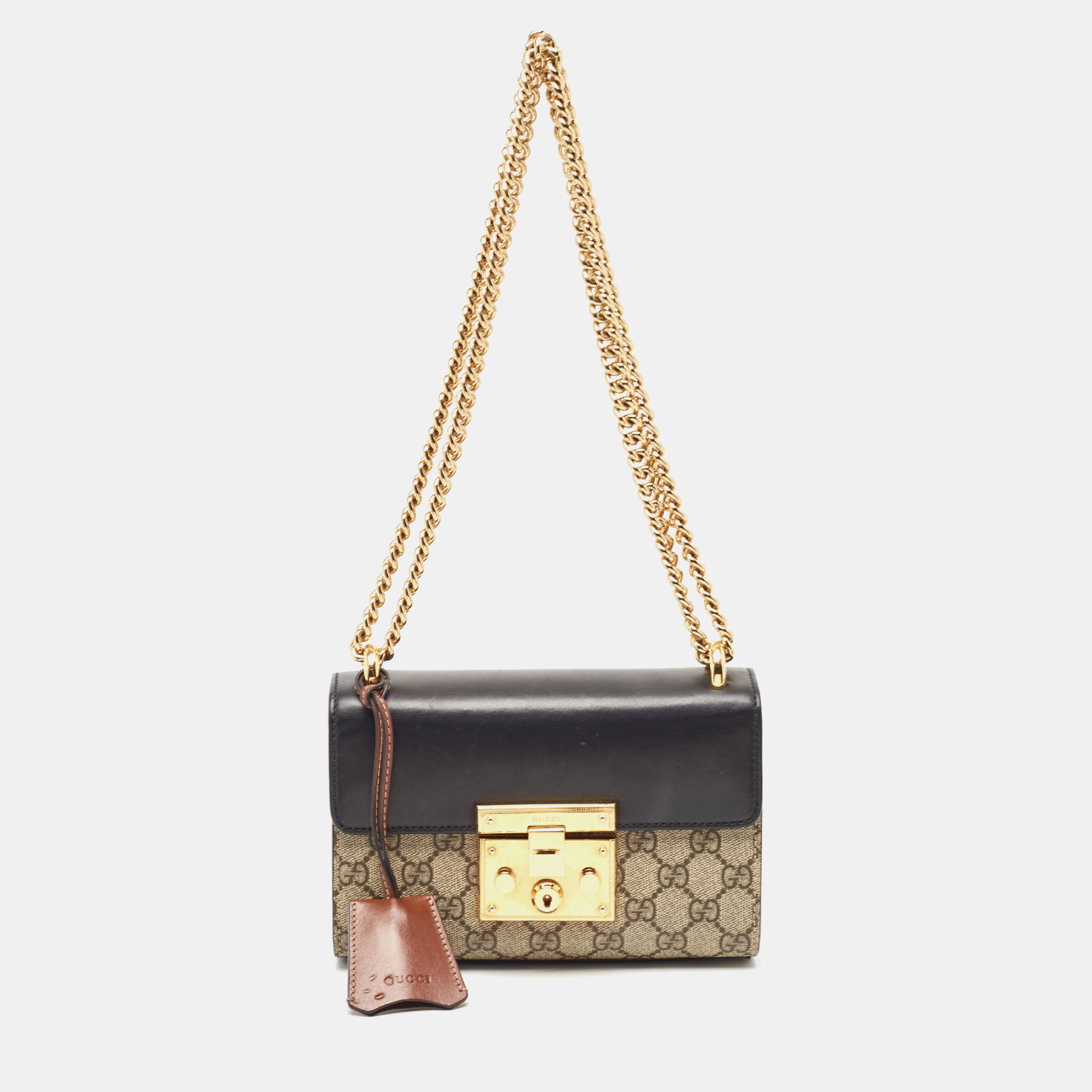

Gucci Black/Beige GG Supreme Canvas and Leather Small Padlock Shoulder Bag