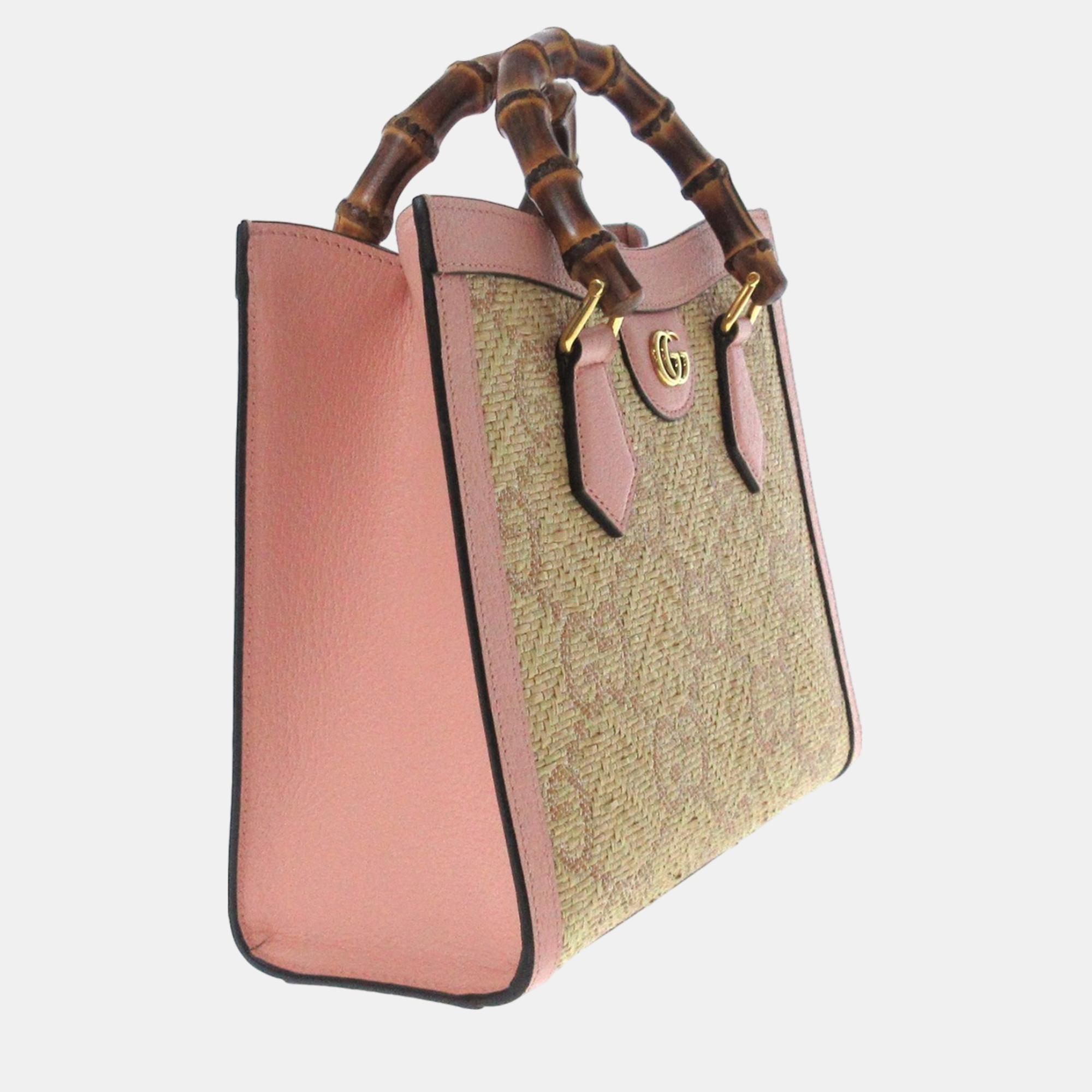 

Gucci Beige/Brown/Pink Small Jumbo GG Raffia Diana Satchel