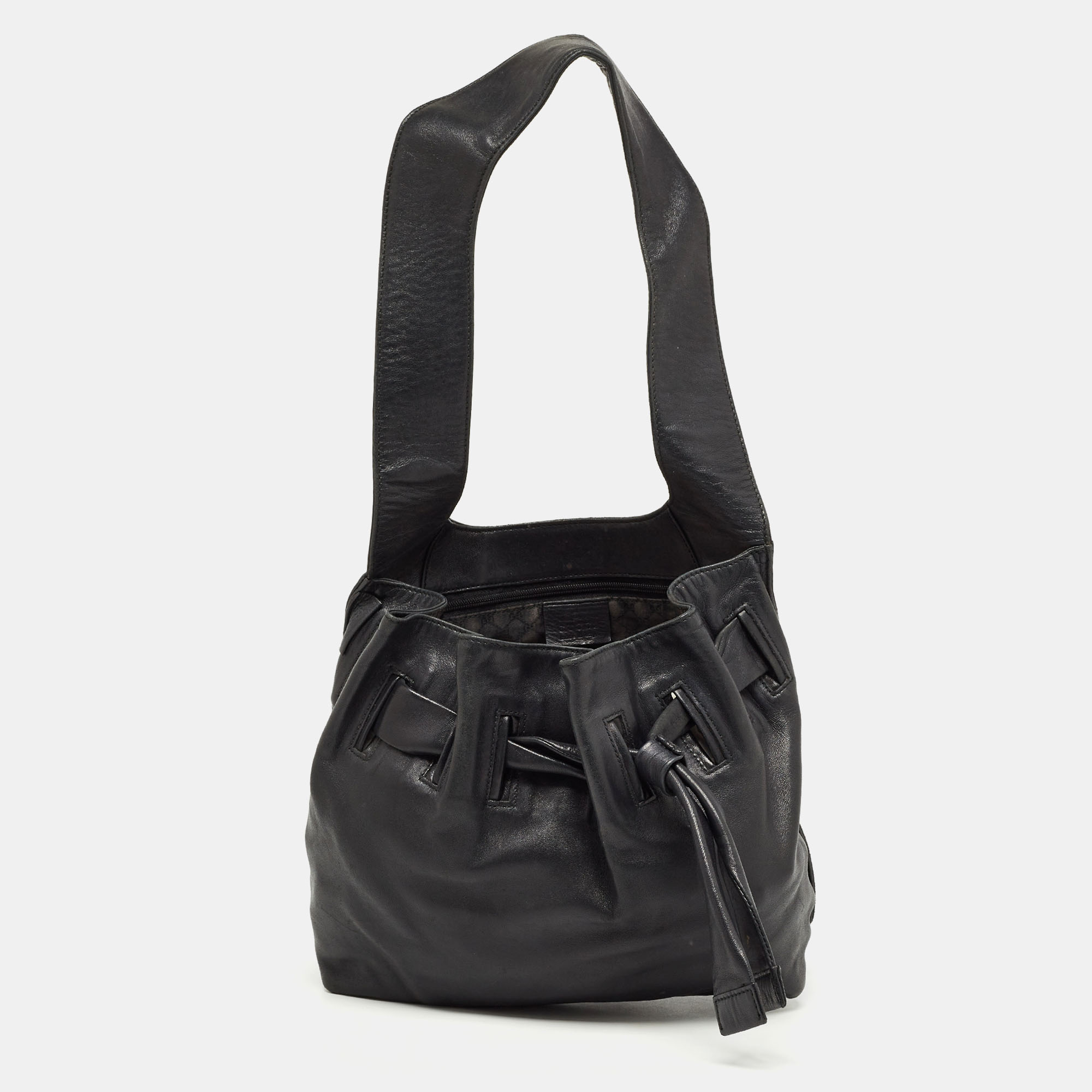 Pre-owned Gucci Black Leather Drawstring Hobo