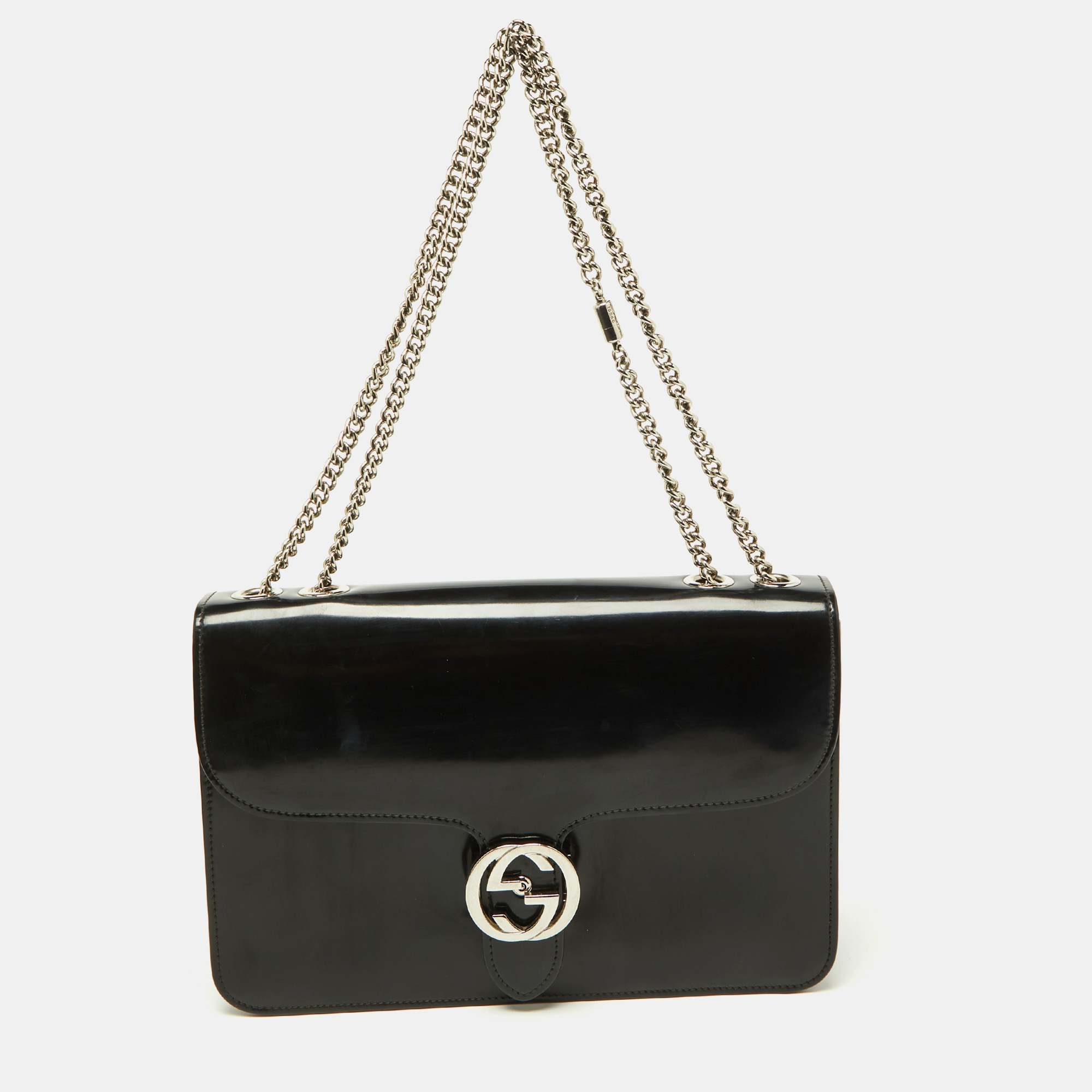 Pre-owned Gucci Black Leather Medium Interlocking G Shoulder Bag