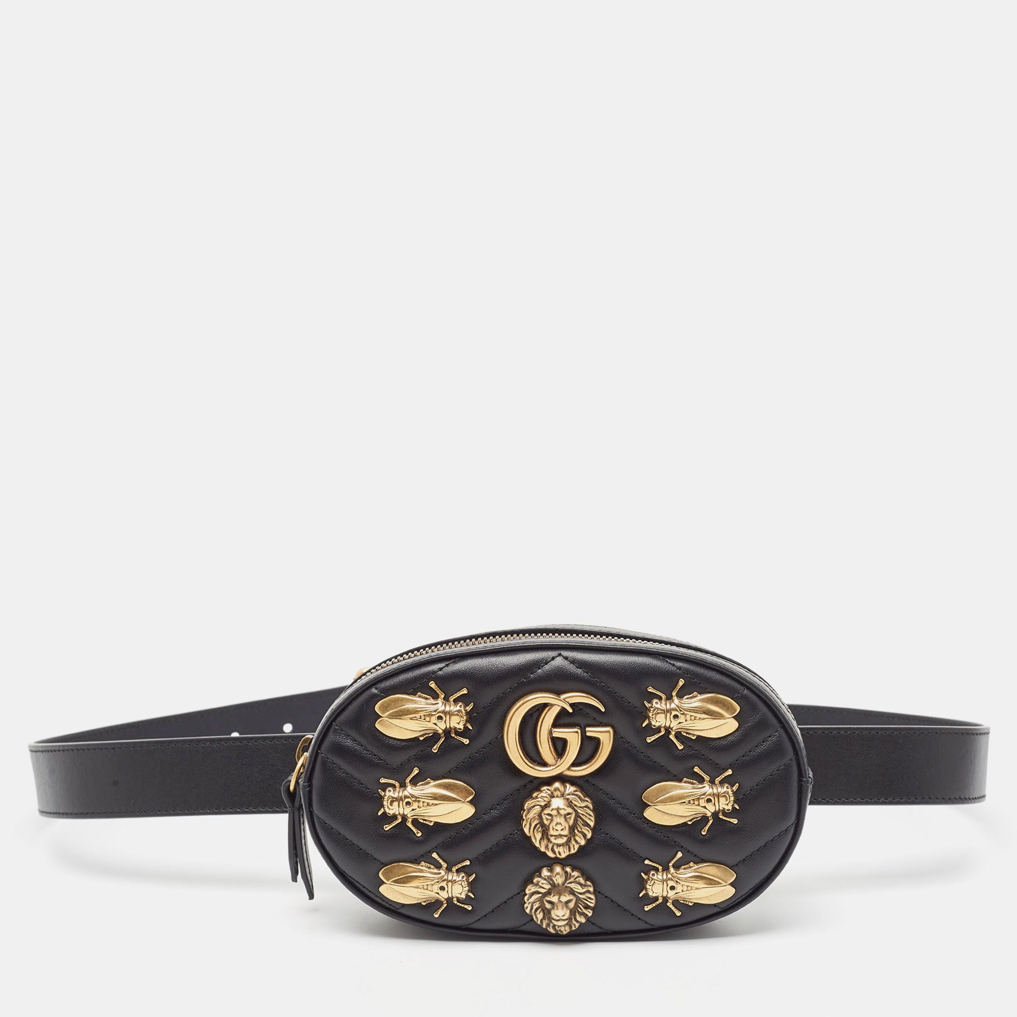 Pre-owned Gucci Black Matelassé Leather Gg Marmont Animal Stud Belt Bag