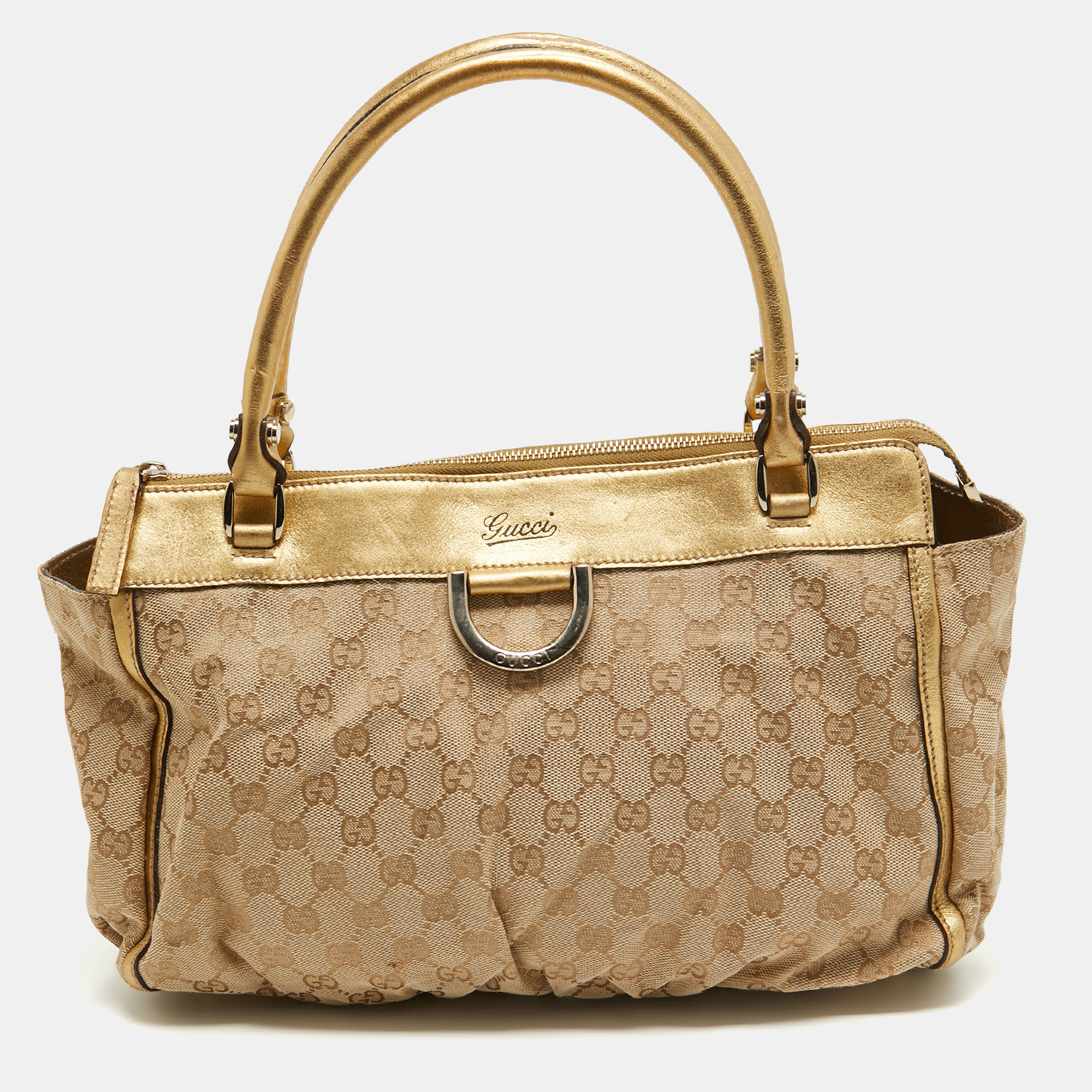Pre-owned Gucci Gold/beige Gg Canvas And Leather D Ring Tote