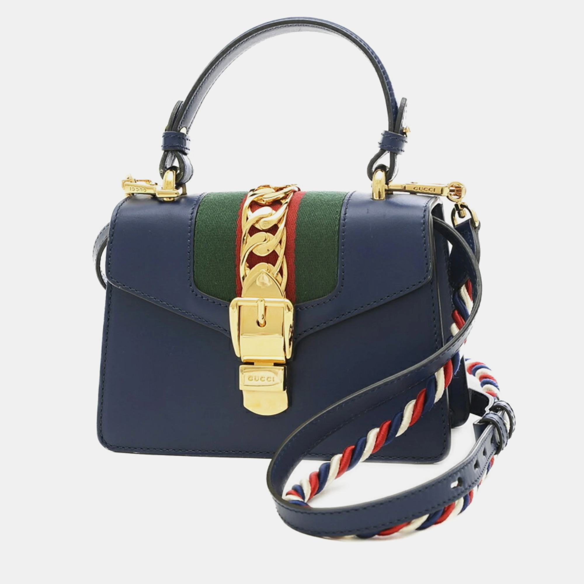 

Gucci Navy Leather Mini Sylvie Top Handle Bag, Navy blue