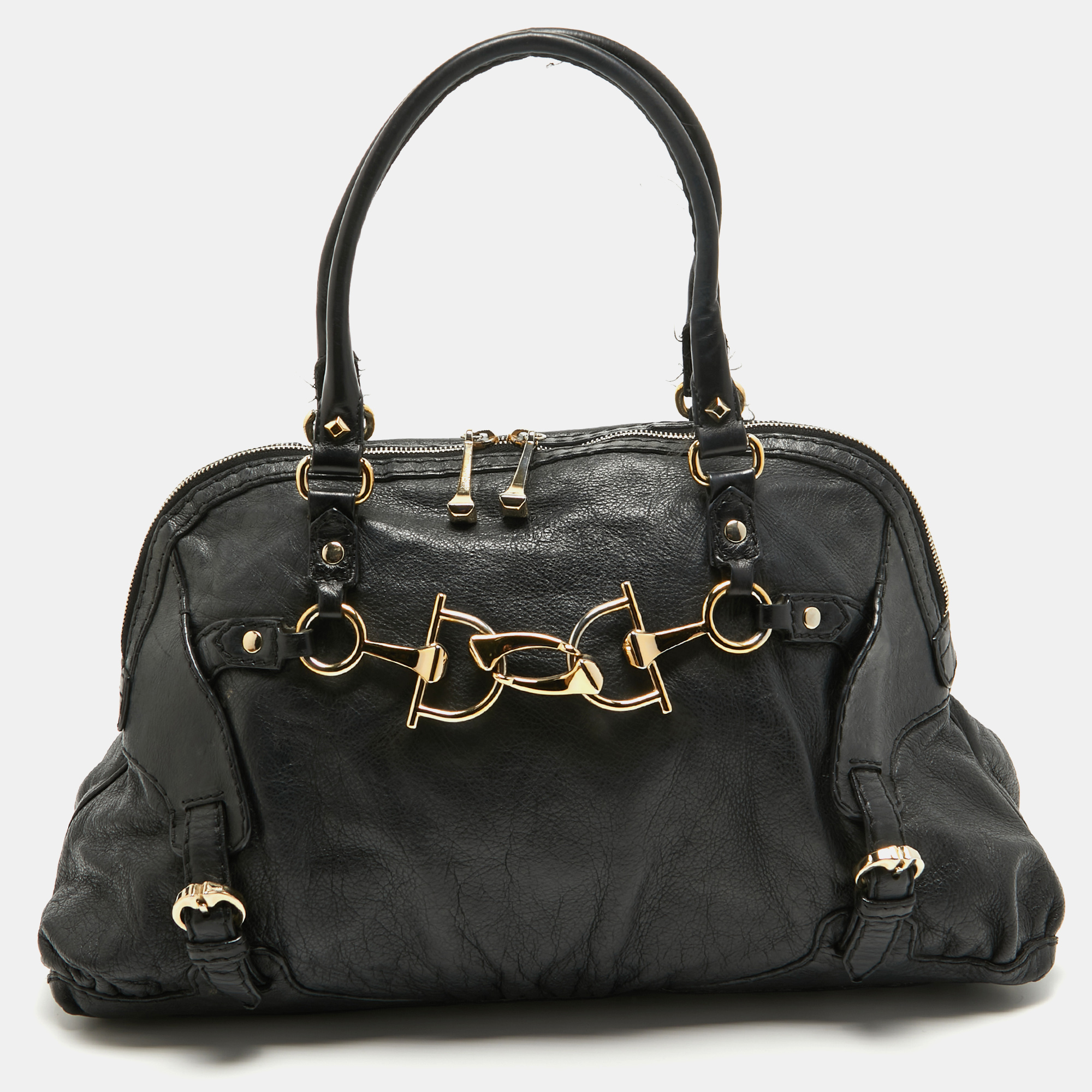 Pre-owned Gucci Black Leather Horsebit Shoulder Bag