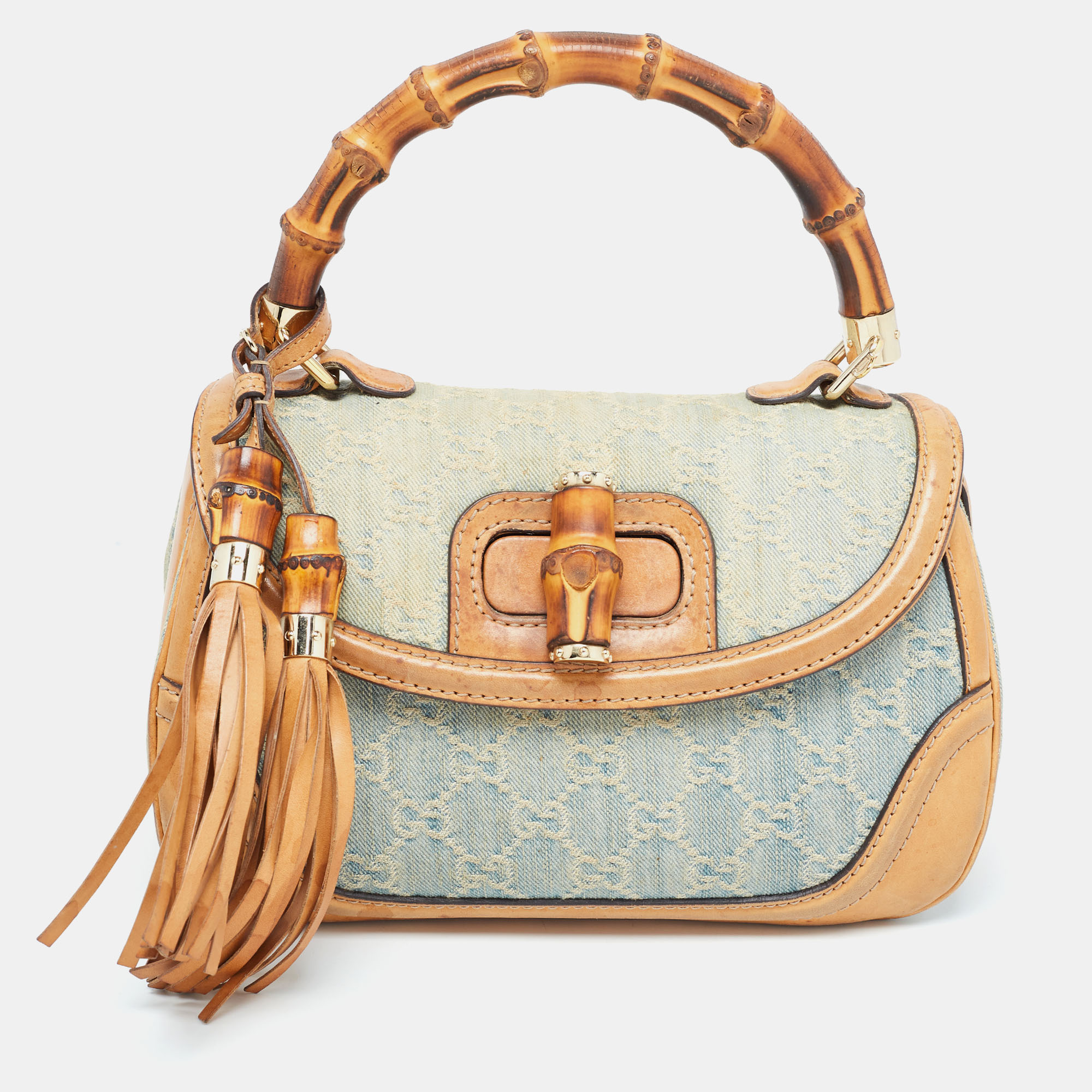 

Gucci Light Blue/Beige GG Canvas and Leather Bamboo Top Handle Bag