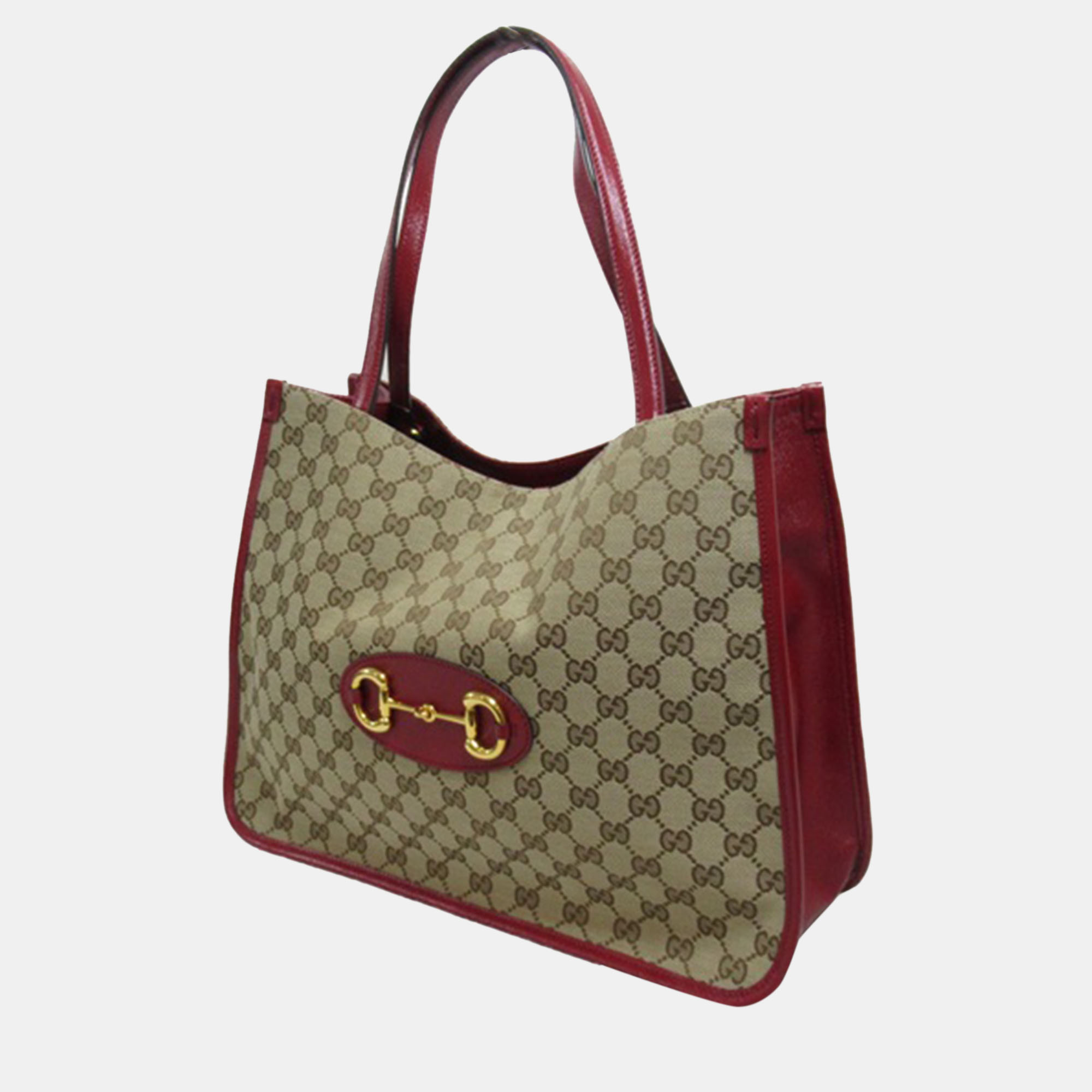 

Gucci Red Leather and GG Canvas Medium Horsebit 1955 Tote Bag