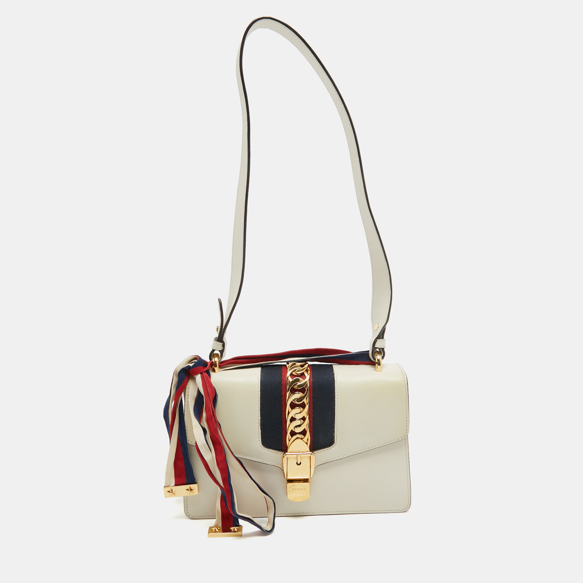 Pre-owned Gucci Off White Leather Small Web Sylvie Shoulder Bag