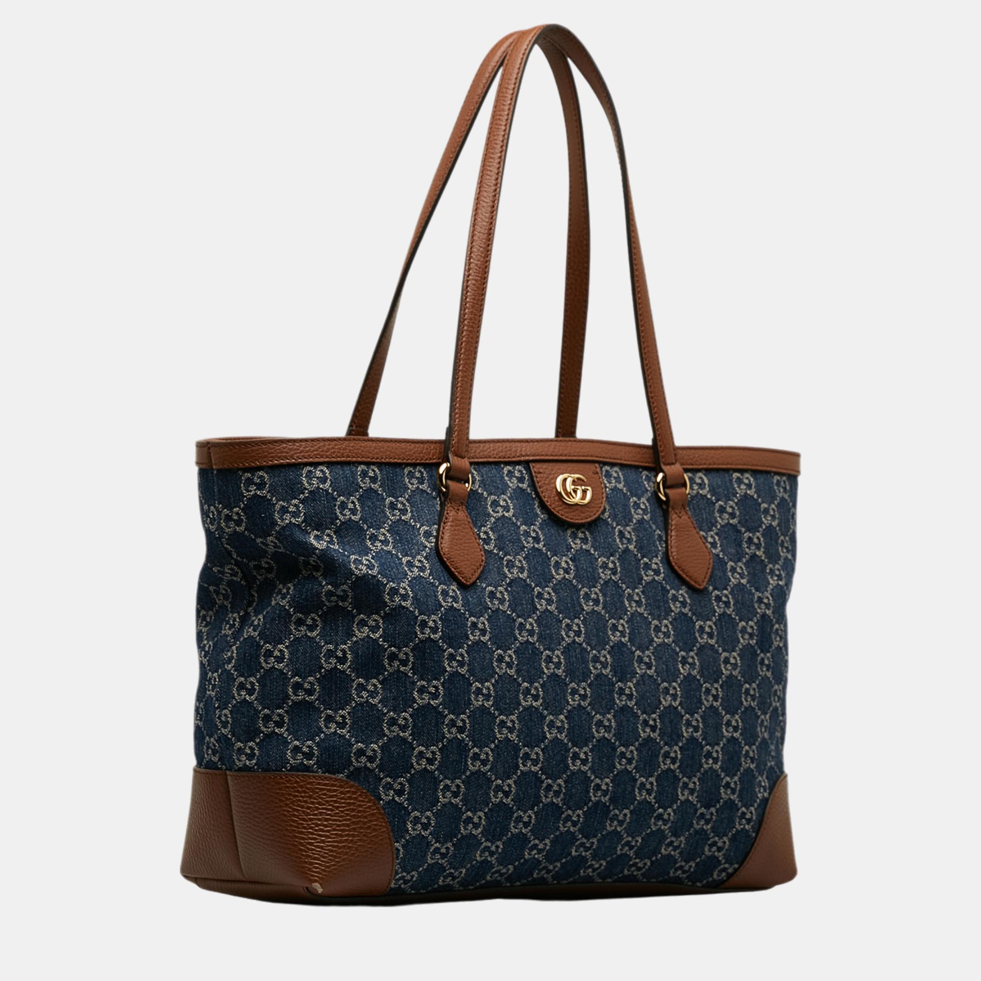 

Gucci Blue Medium GG Denim Ophidia Shopping Tote