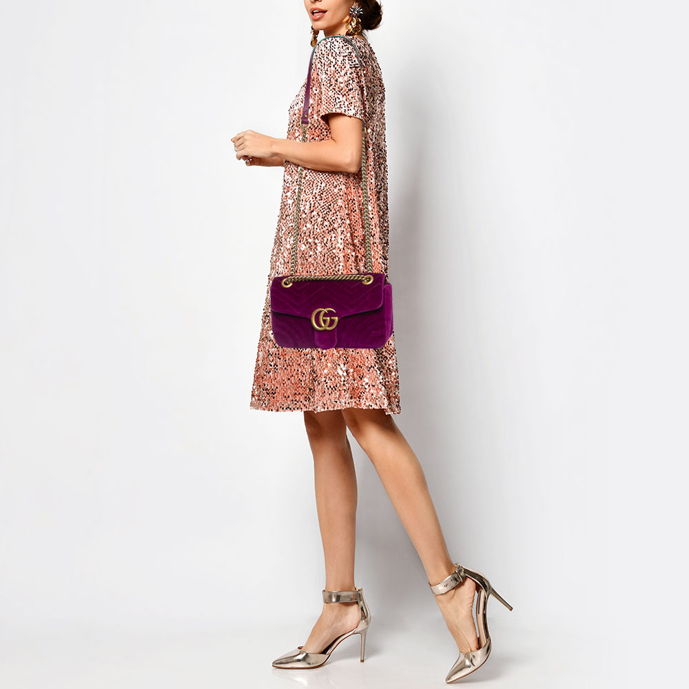

Gucci Purple Matelassé Velvet Small GG Marmont Shoulder Bag