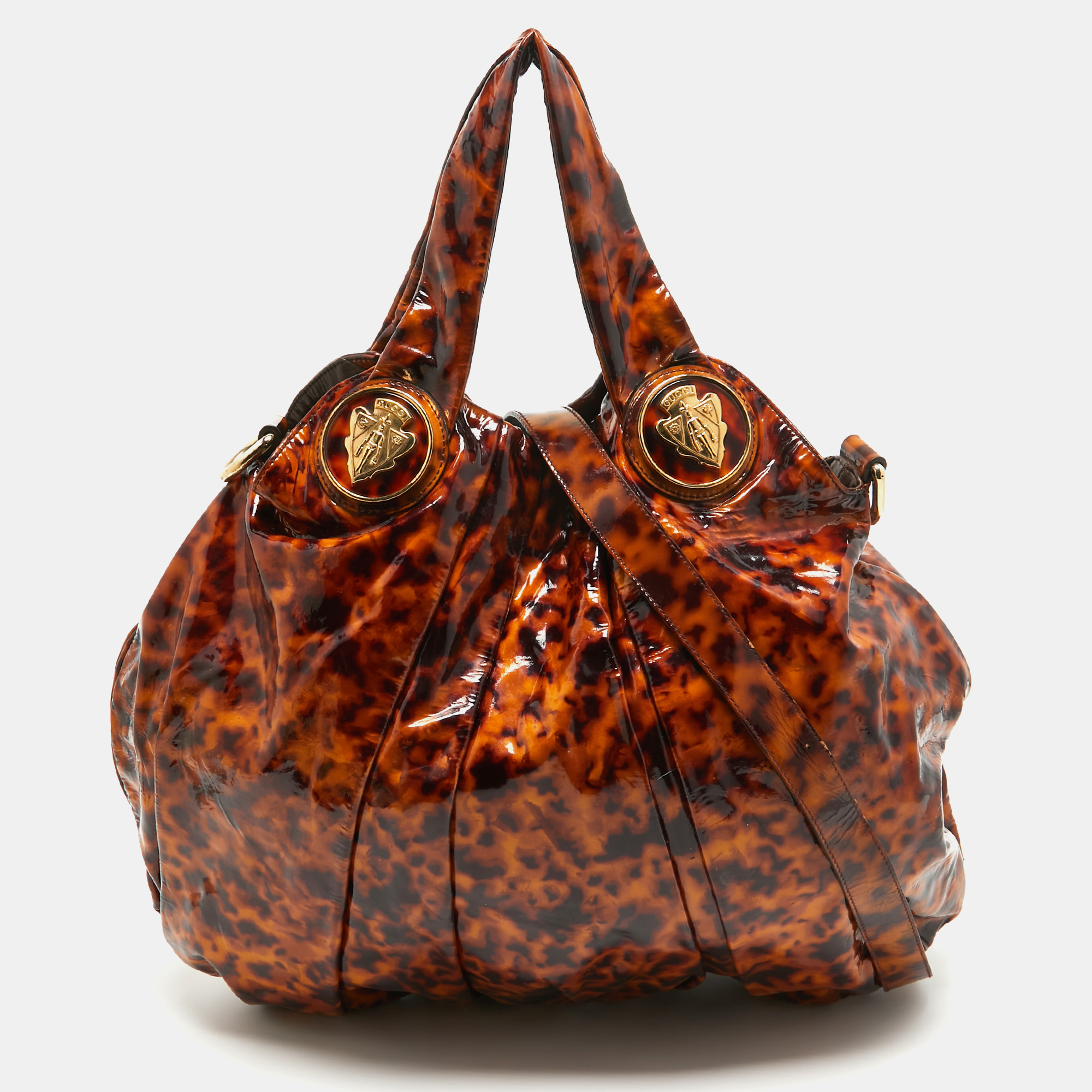 

Gucci Brown Tortoise Print Patent Leather Large Hysteria Hobo