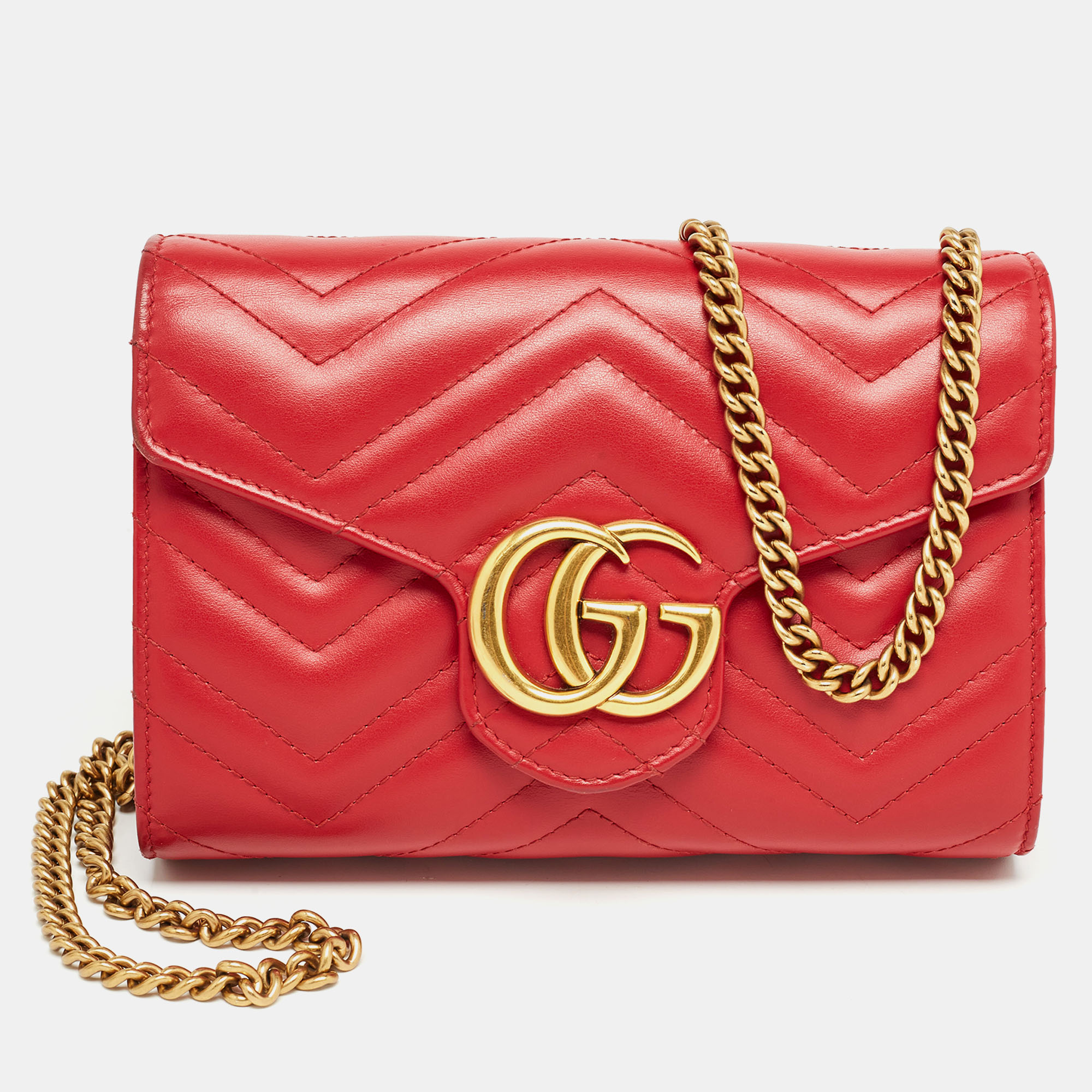 Pre-owned Gucci Red Matelasse Leather Mini Gg Marmont Chain Bag