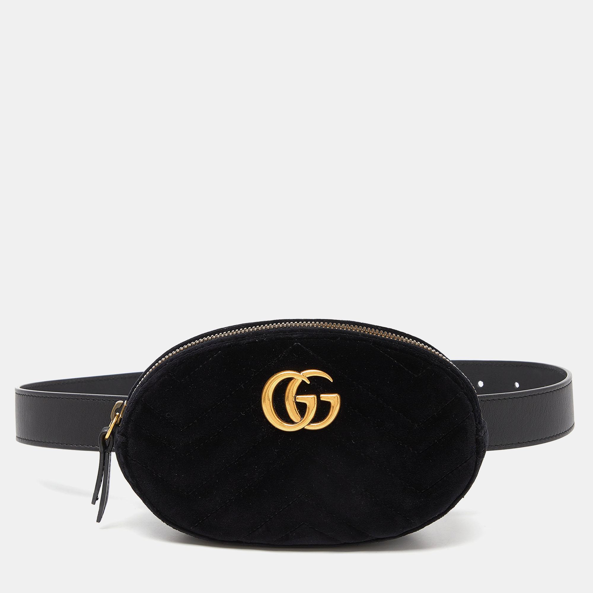 Pre-owned Gucci Black Matelassé Velvet And Leather Mini Gg Marmont Belt Bag