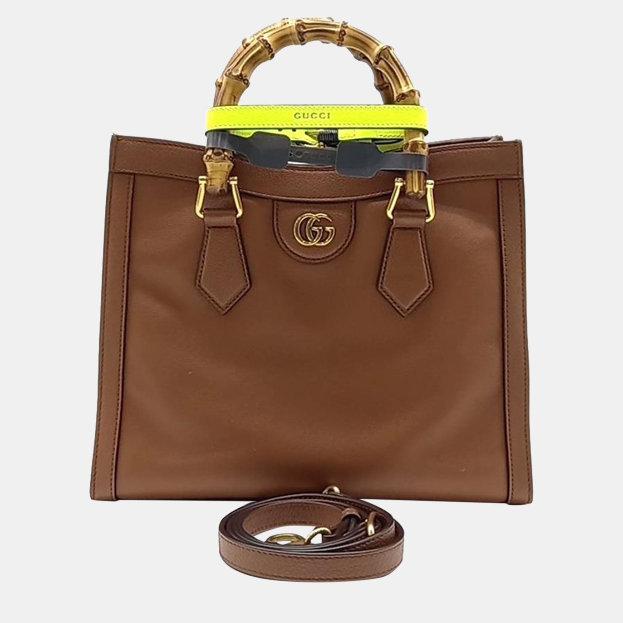 

Gucci Brown and Neon Yellow Diana Bamboo Tote Bag Small (660195)