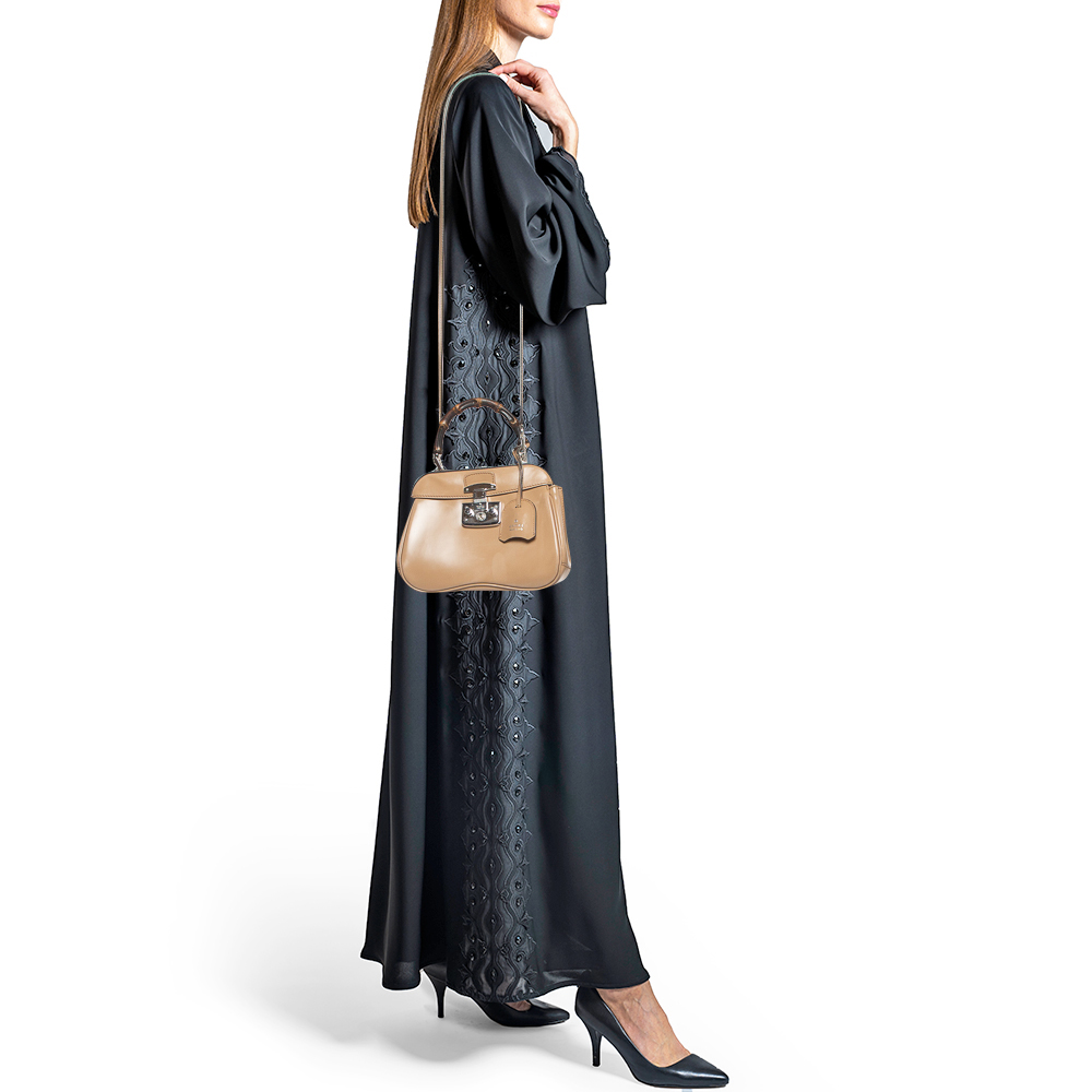 

Gucci Beige Glossy Leather Mini Lady Lock Bamboo Top Handle Bag