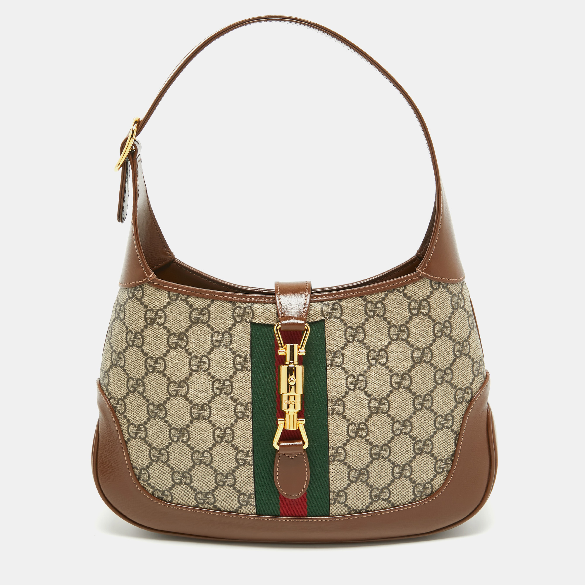 Pre Owned Gucci Brown/Beige GG Supreme Canvas and Leather Small Jackie 1961 Hobo