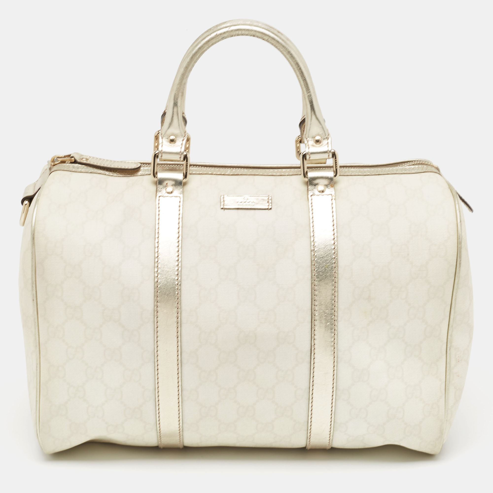 

Gucci Off White/Gold GG Supreme Canvas and Glossy Leather Medium Joy Boston Bag