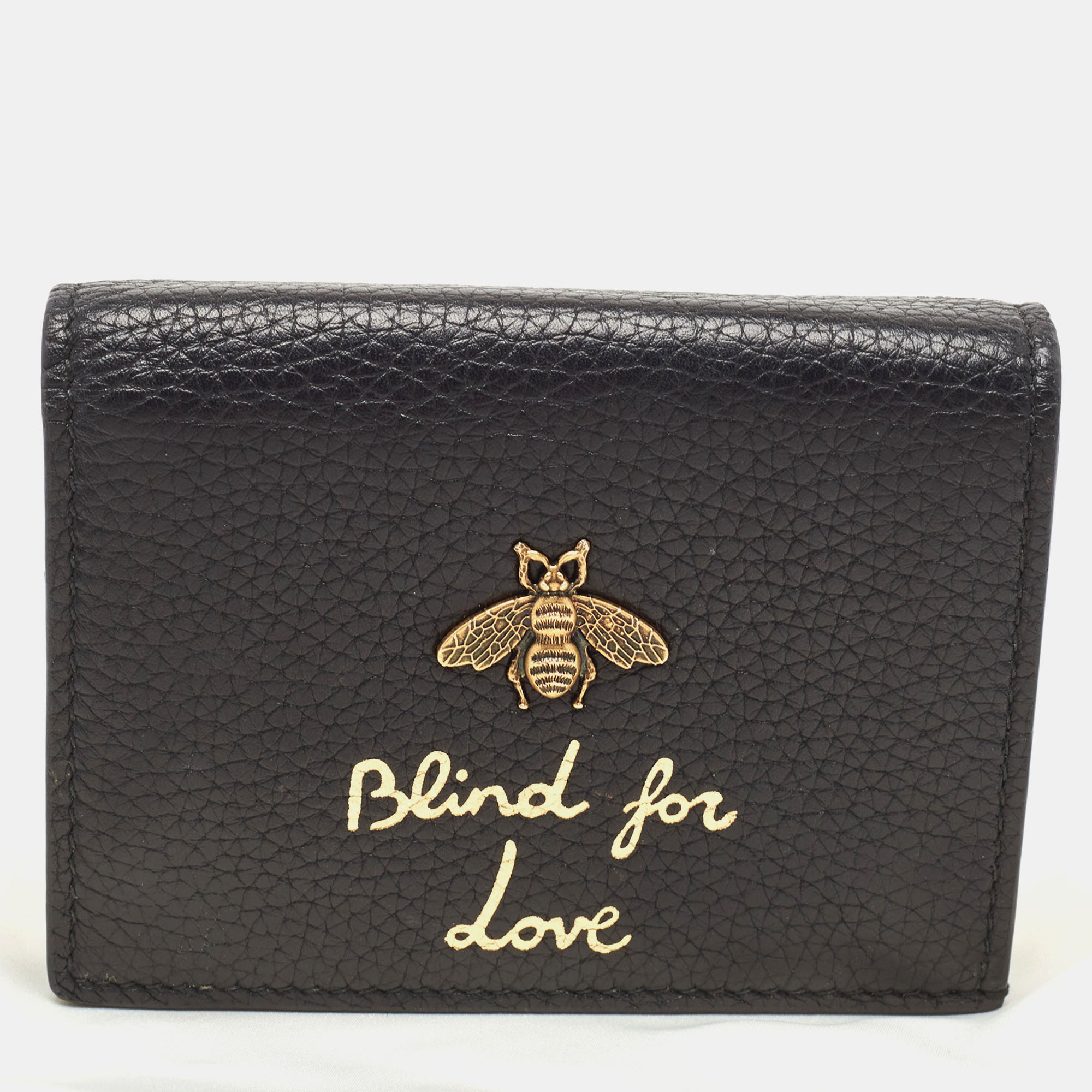 Pre-owned Gucci Black Leather Bee Blind For Love Card Case